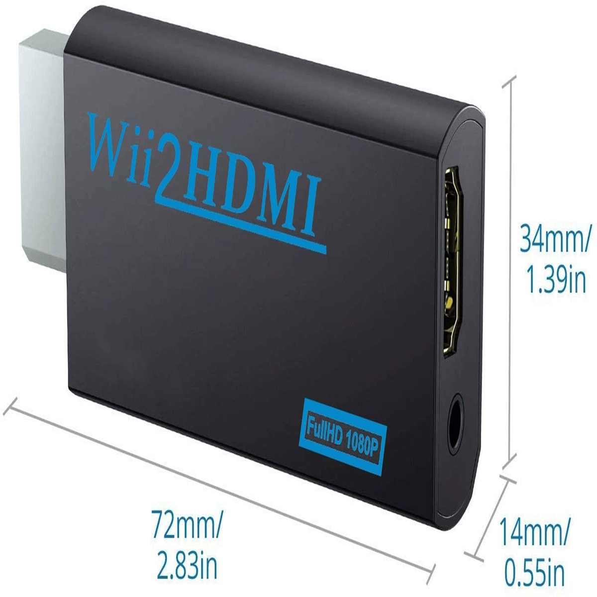 Schwarzer Wii2HDMI-Adapter: eine schwarze rechteckige Box mit weißem Anschluss und HDMI-Anschluss. Text und Abmessungen enthalten.