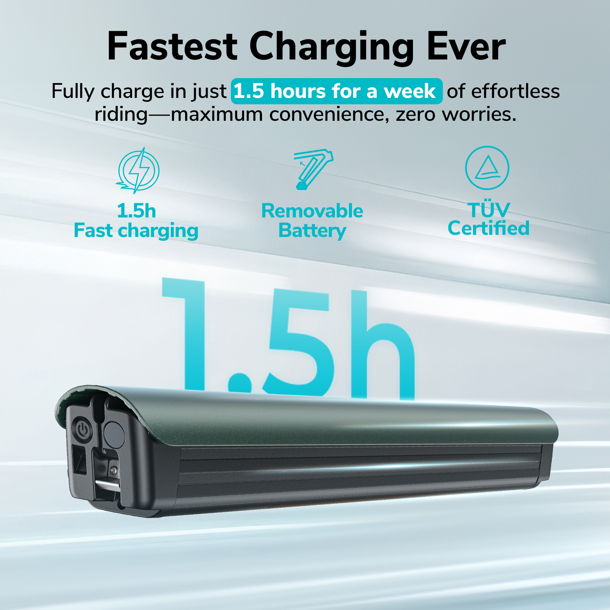 Ein schwarzes Ladegerät mit einer grünen Batterie, die 1,5 Stunden Ladezeit und die Aufschrift '1,5h' zeigt.