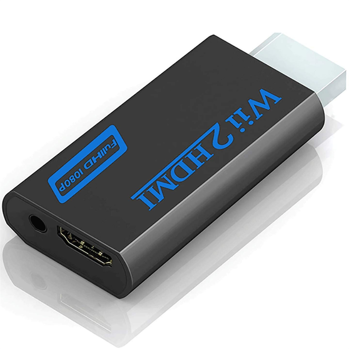 Schwarzer Wii-zu-HDMI-Adapter mit blauem Text. Hat einen HDMI-Anschluss und einen Audio-Anschluss.
