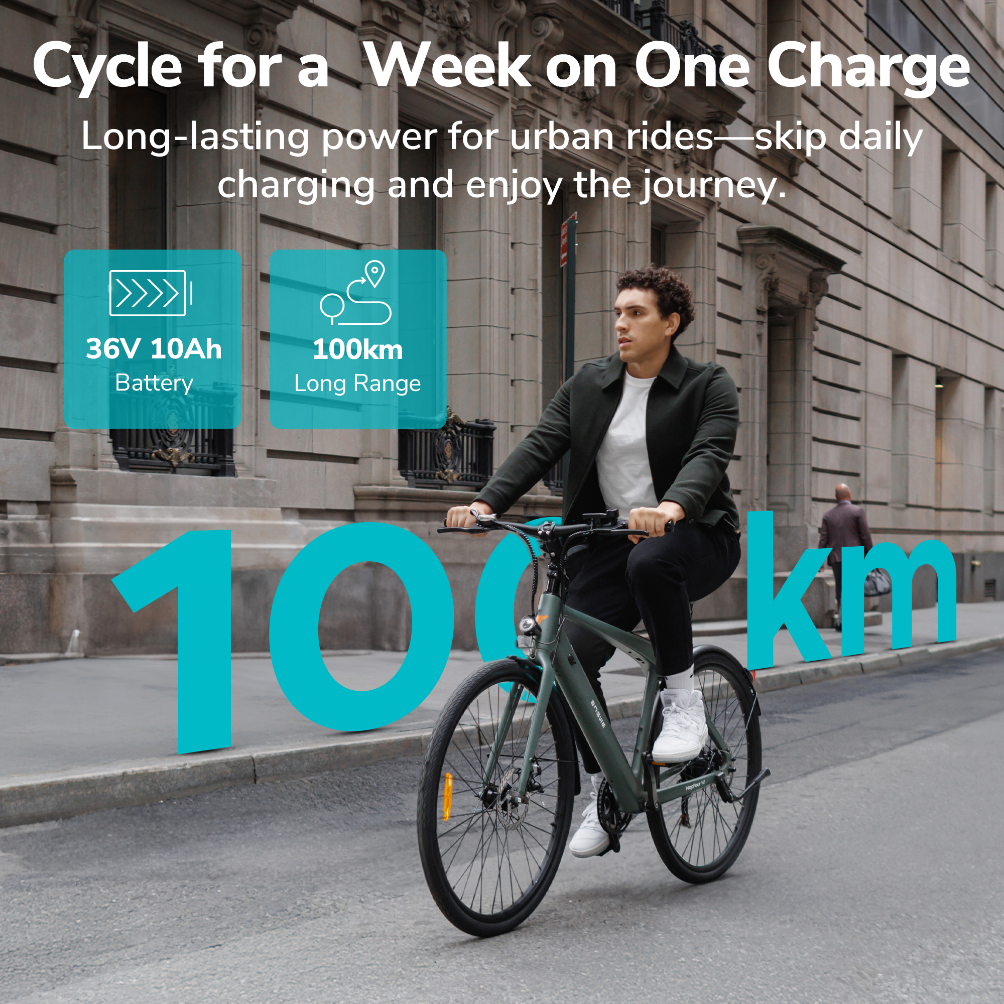Mann fährt grünes Fahrrad. Text sagt 'Cycle for a Week on One Charge' und '100km'.