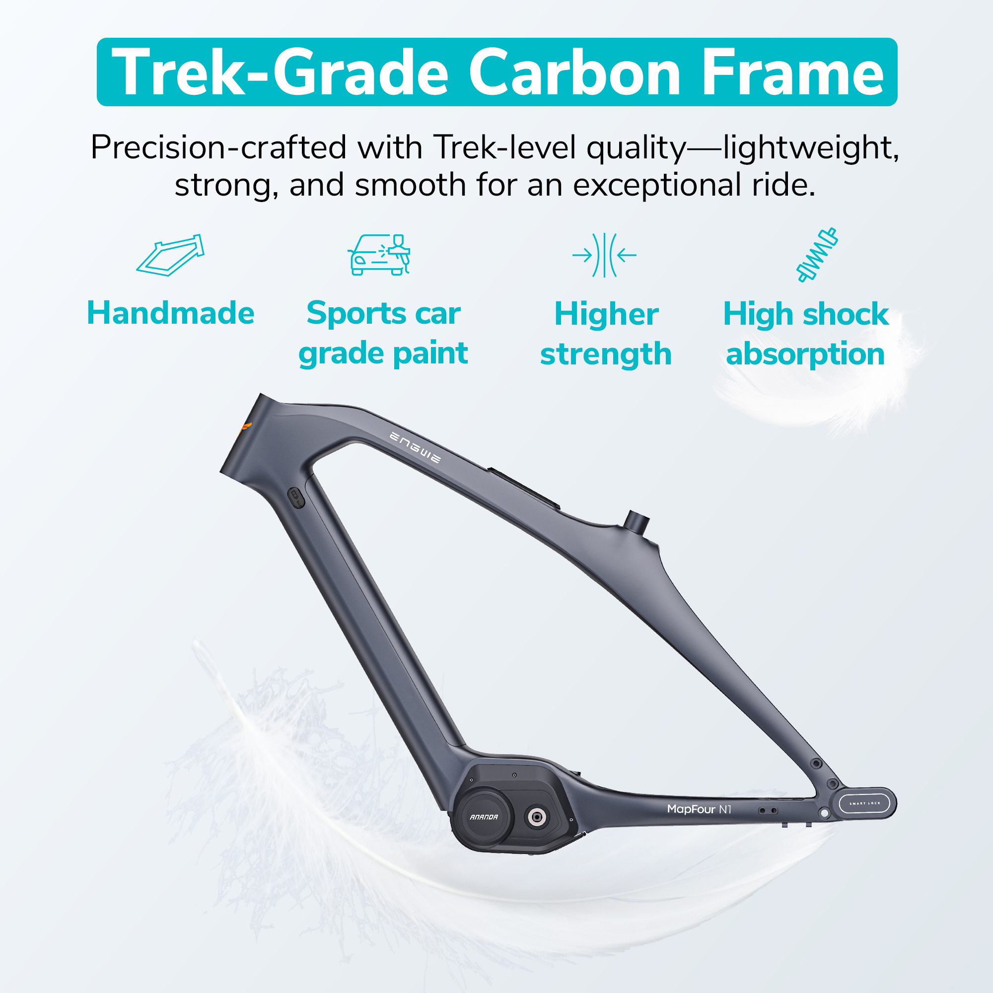 Ein grauer Carbonrahmen, mit Text, der ihn als Trek-Grade, leicht, stark, glatt und handgefertigt beschreibt.