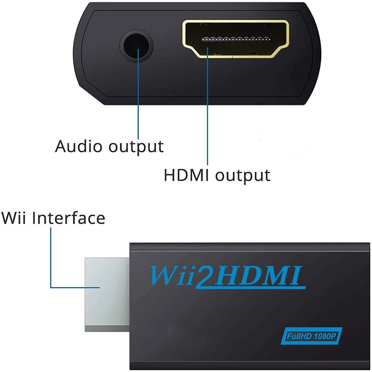Nahaufnahme eines schwarzen Wii2HDMI-Adapters mit Audioausgang, HDMI-Ausgang und Wii-Schnittstelle.
