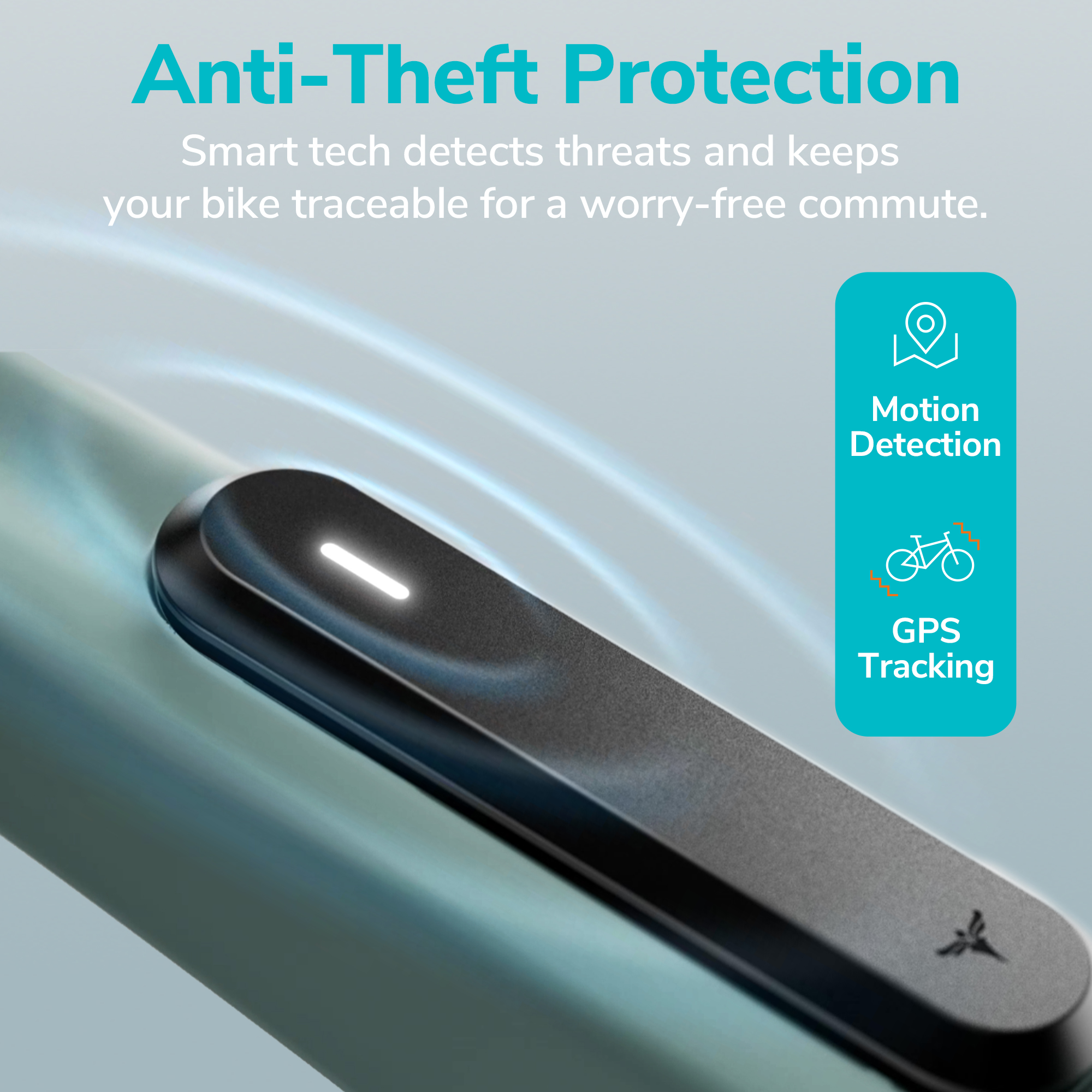 Ein schwarzes, gebogenes Gerät zur Befestigung am Fahrrad, mit Bewegungserkennung und GPS-Tracking.