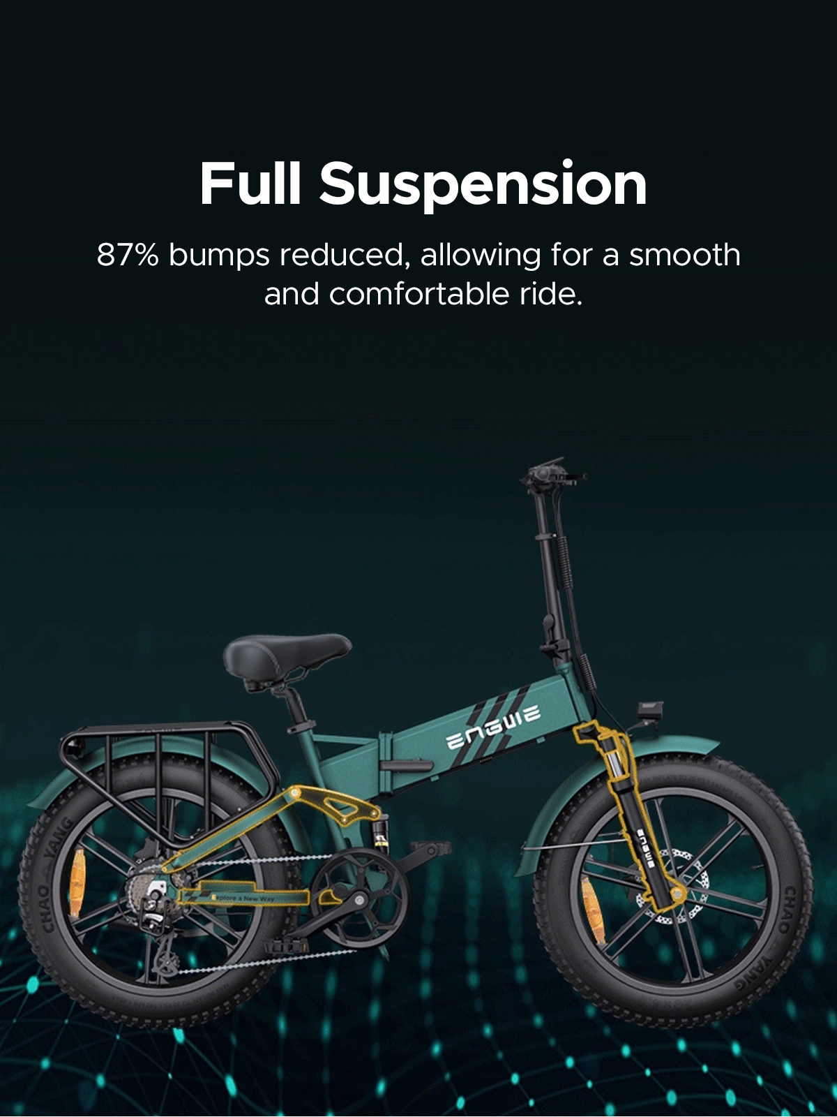 Grünes Elektrofahrrad mit schwarzem Sitz und Reifen. Text: Vollfederung.
