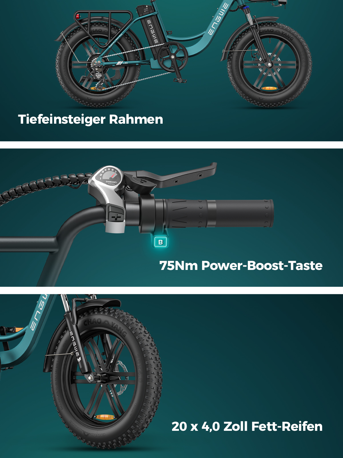Tres imágenes, que muestran una bicicleta eléctrica con características: cuadro de acceso, botón de impulso y llantas anchas.
