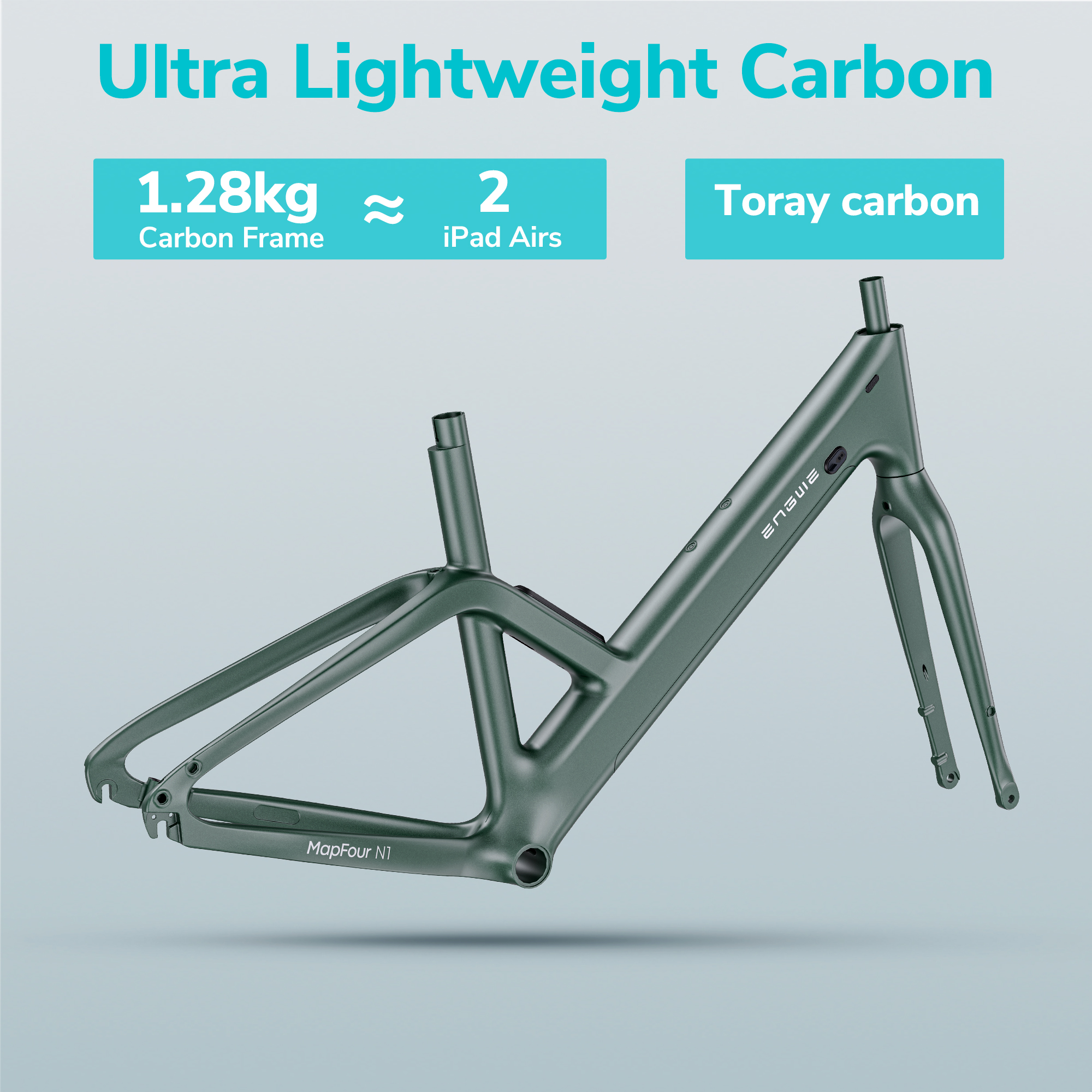Grüner Fahrradrahmen mit Text: Ultra Lightweight Carbon, 1,28 kg und Toray Carbon.