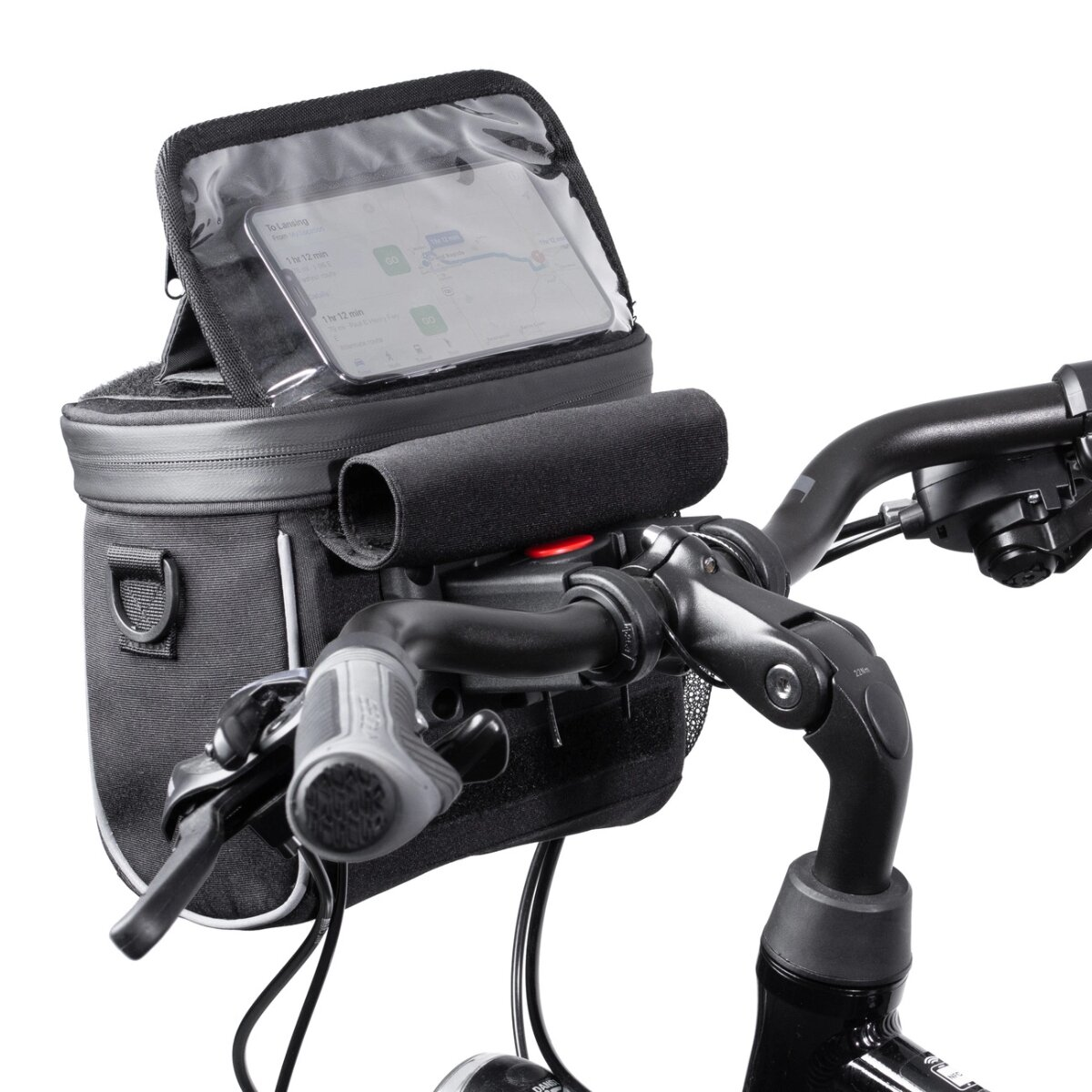 Fahrradlenker mit Telefontasche, Karte auf dem Bildschirm.