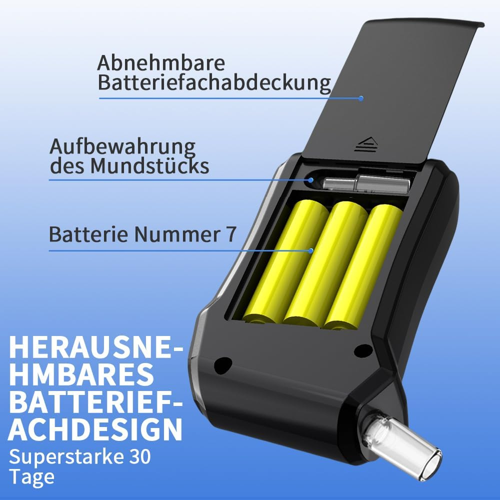 Alkoholtester mit abnehmbarer Batterieabdeckung. Enthält drei gelbe Batterien. Text sagt Batterie Nr. 7.