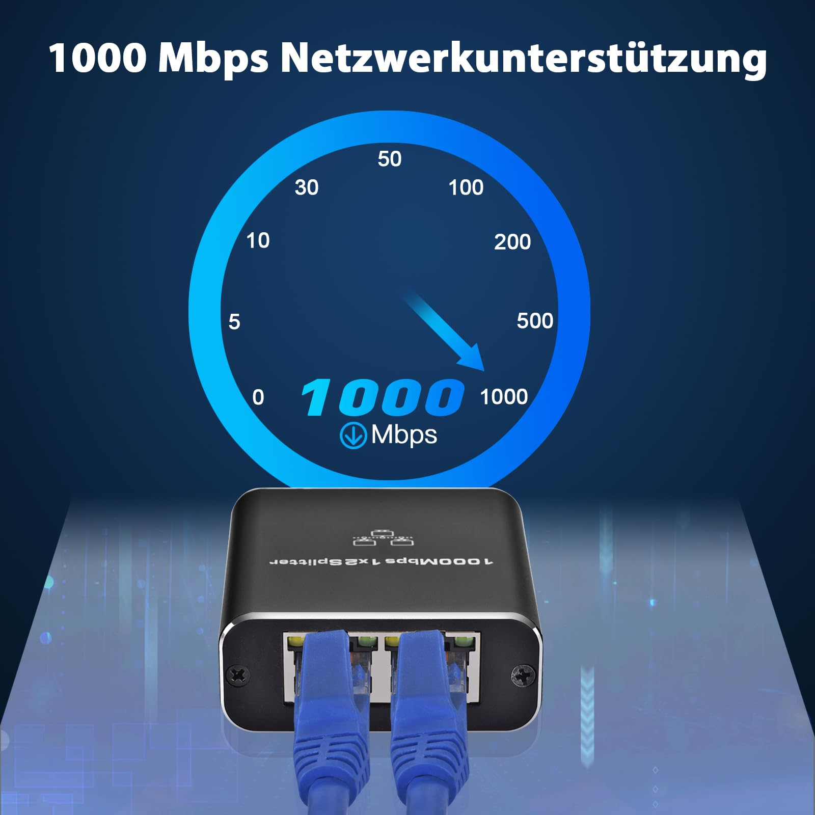 Ein schwarzer Netzwerk-Splitter mit blauen Kabeln und eine kreisförmige Grafik zeigt die Mbps-Geschwindigkeit.