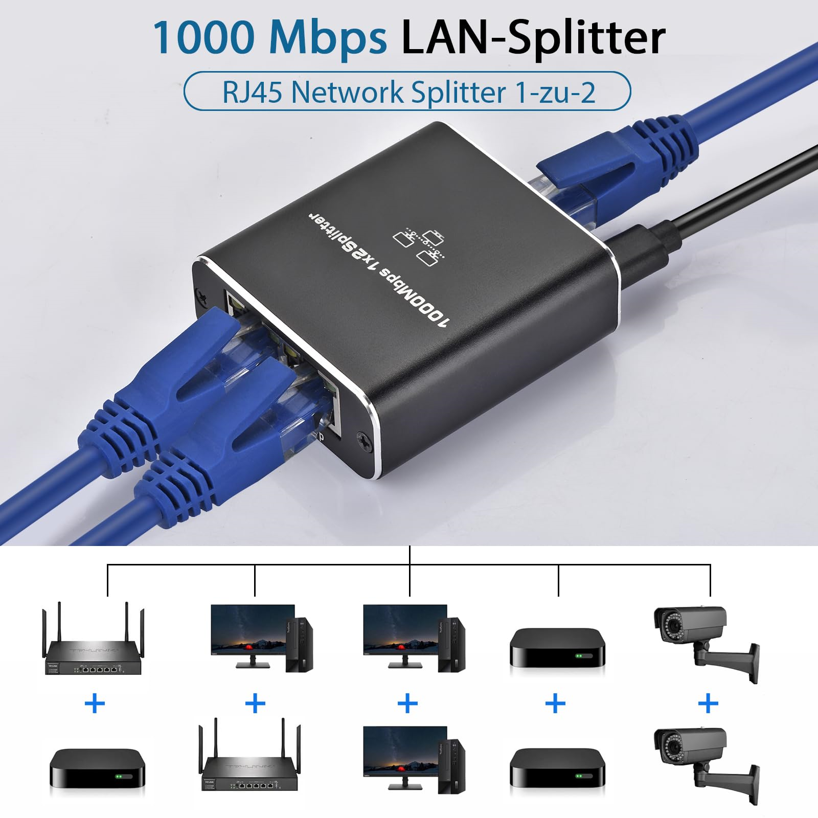Schwarzer LAN-Splitter mit blauen Kabeln und RJ45-Anschlüssen. Mit verschiedenen Geräten verbunden.