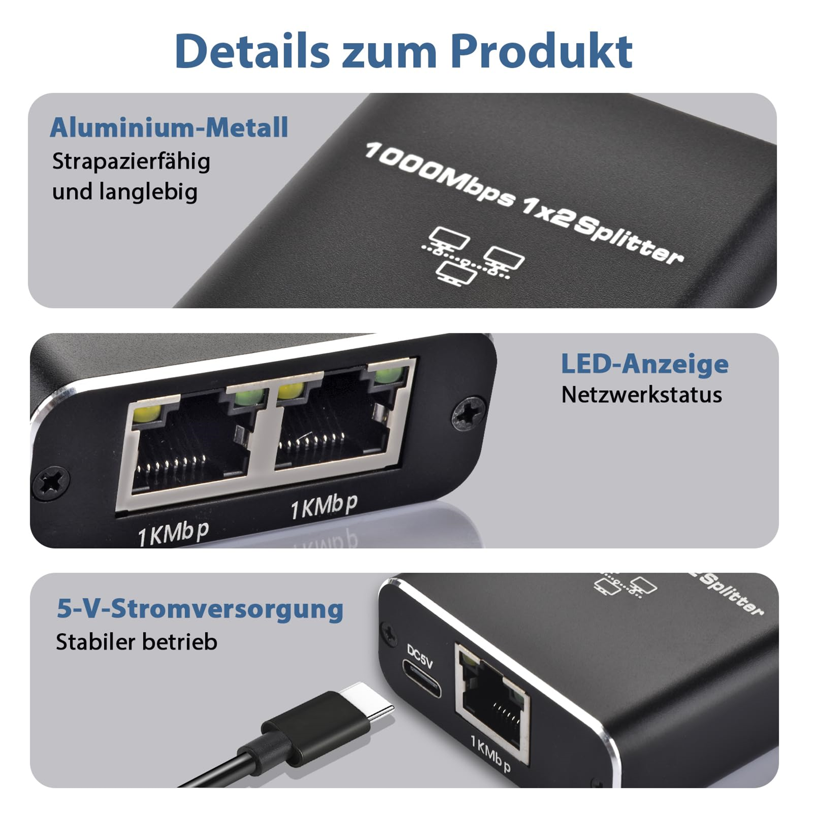 Details eines schwarzen 1x2-Splitters. Zeigt Anschlüsse, 5V-Stromversorgung und Etikett mit "1000Mbps". Text weist auf "Aluminium-Metall" hin.