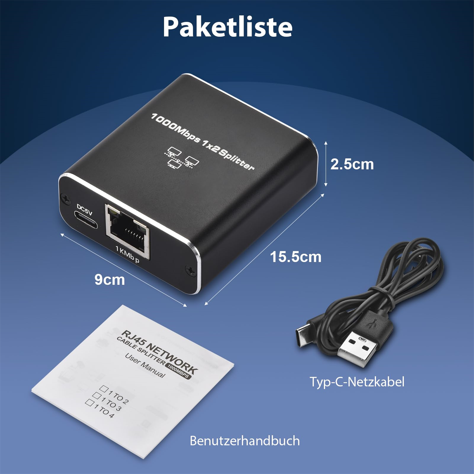 Schwarzer 1x2-Splitter mit Kabeln und Benutzerhandbuch. Zeigt Abmessungen und Anschlüsse.