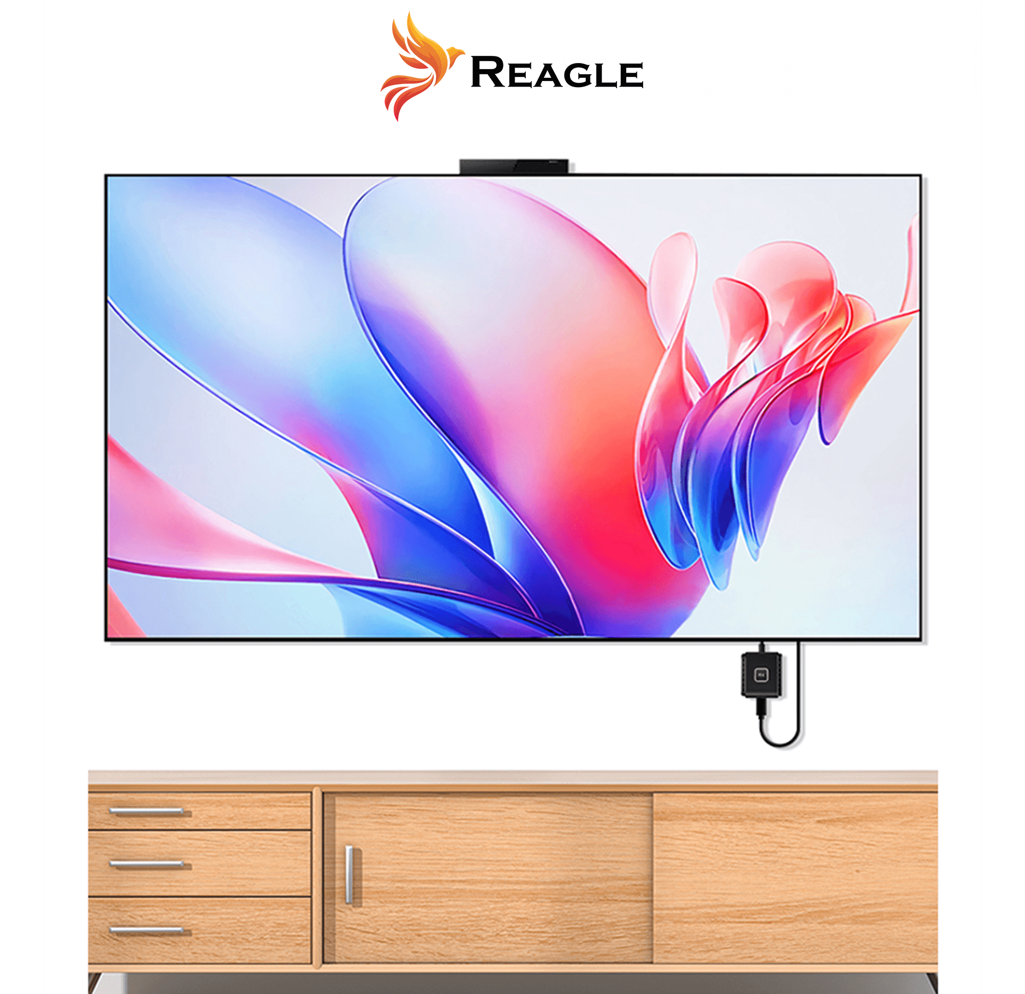 Telewizor zamontowany na białej ścianie. Pod spodem drewniana szafka. Logo Reagle znajduje się nad telewizorem.