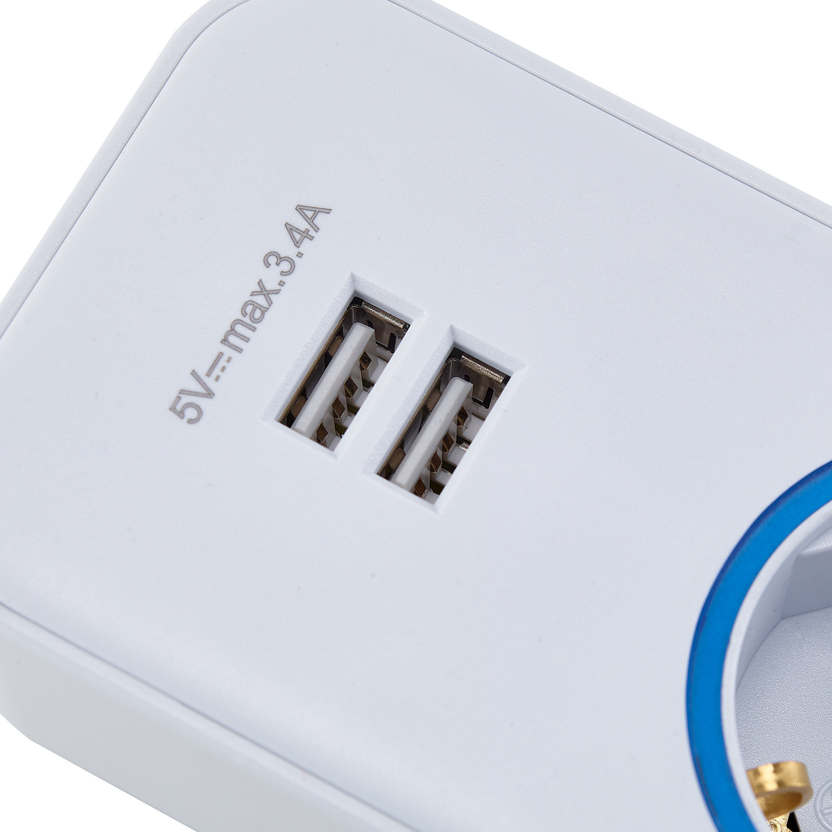 Weißes Netzteil mit zwei USB-Anschlüssen zum Aufladen von Geräten.