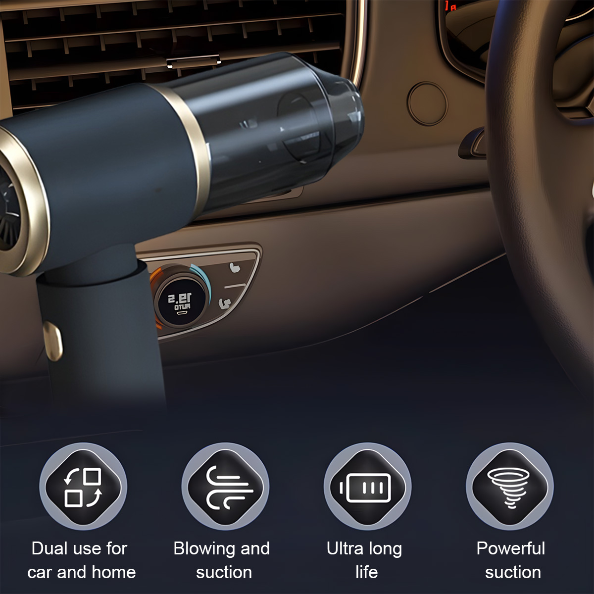 Ein Handstaubsauger im Auto, Nahaufnahme. Symbole für Funktionen sind darunter.