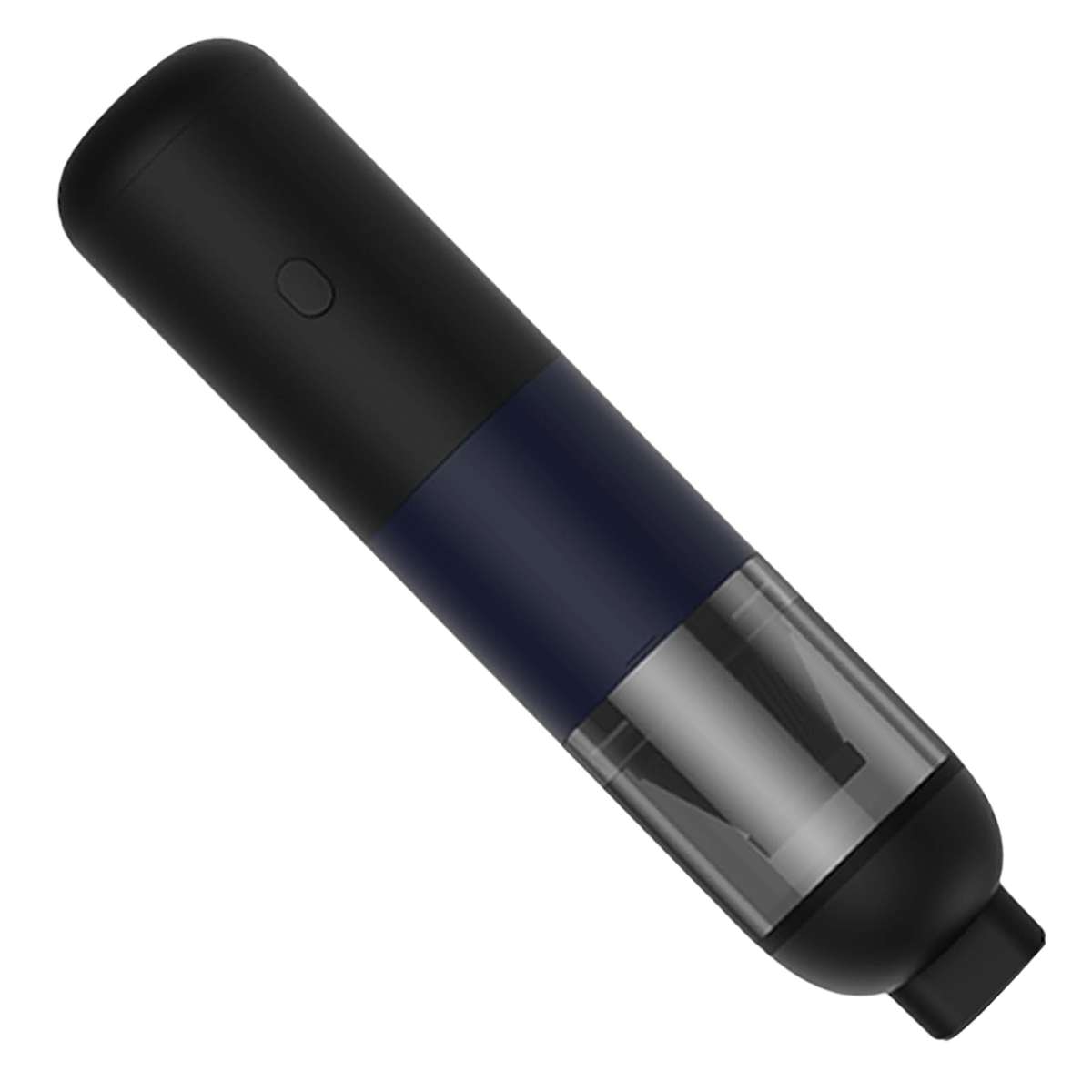 Schwarzer zylindrischer Staubsauger mit blauem Band, diagonal gesehen.