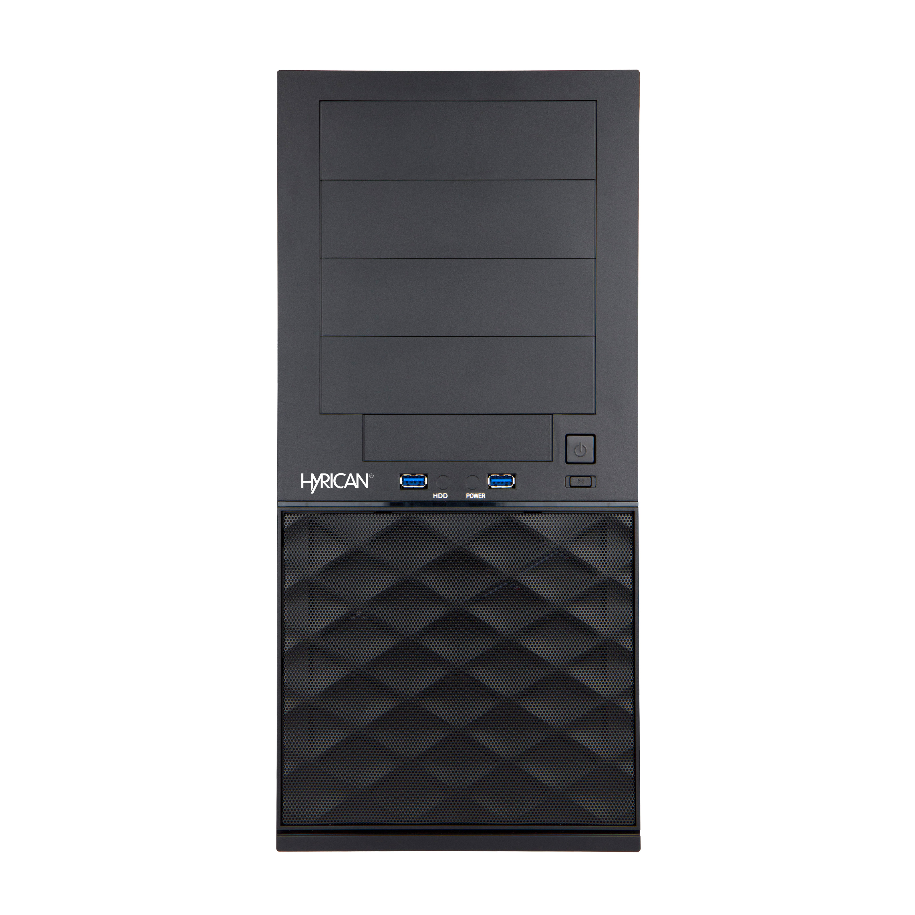 Schwarzer Computerturm mit der Marke 'HYRICAN', mit Strom- und USB-Anschlüssen.