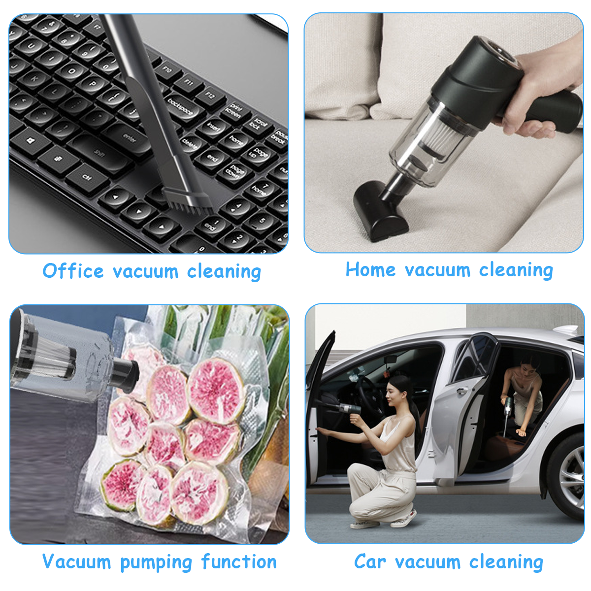 Vier Bilder, die die Verwendung von Staubsaugern zeigen. Reinigung einer Tastatur, eines Hauses, von Lebensmitteln und eines Autos.