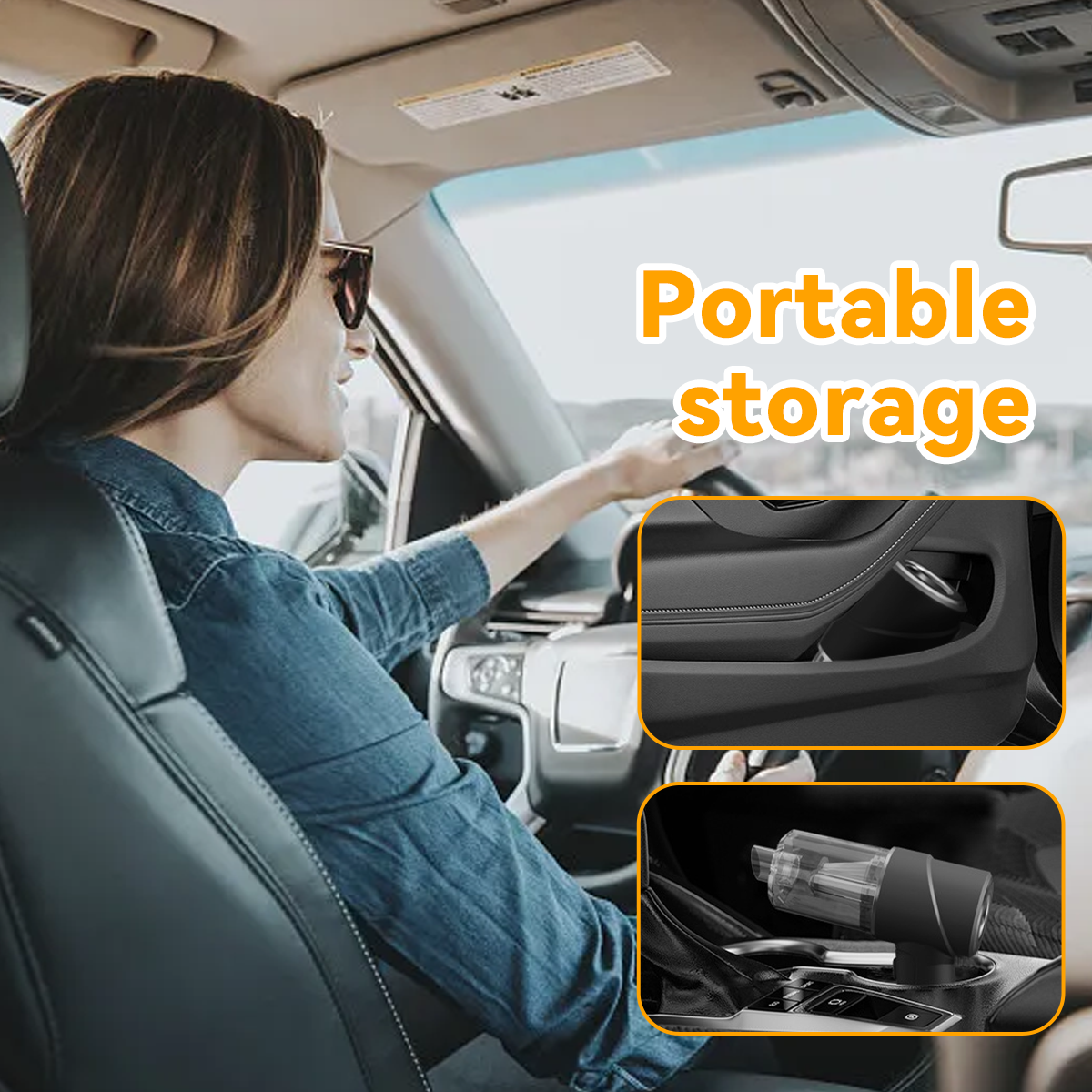 Frau fährt Auto, Text 'Portable storage', Inset zeigt Autointerieur mit Staubsauger.