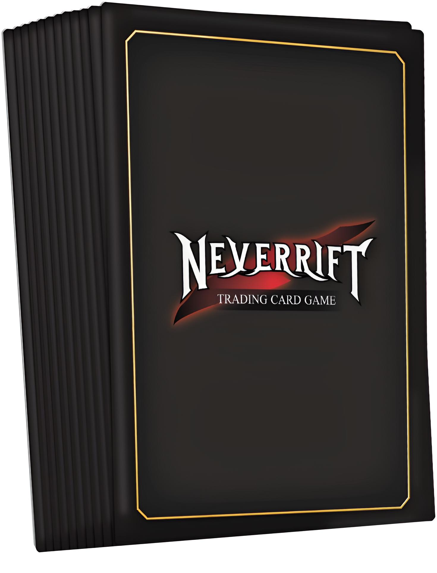 Schwarze Trading Card Game Box mit Goldrand und dem Text 'Neverrift'.