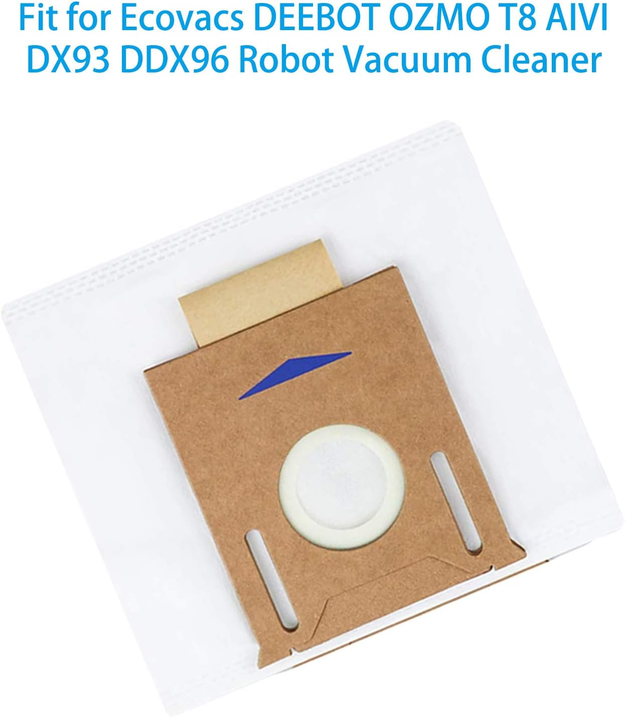 Ein weißer Staubsaugerbeutel mit einem braunen Kartoneinsatz, für einen Roboterstaubsauger.