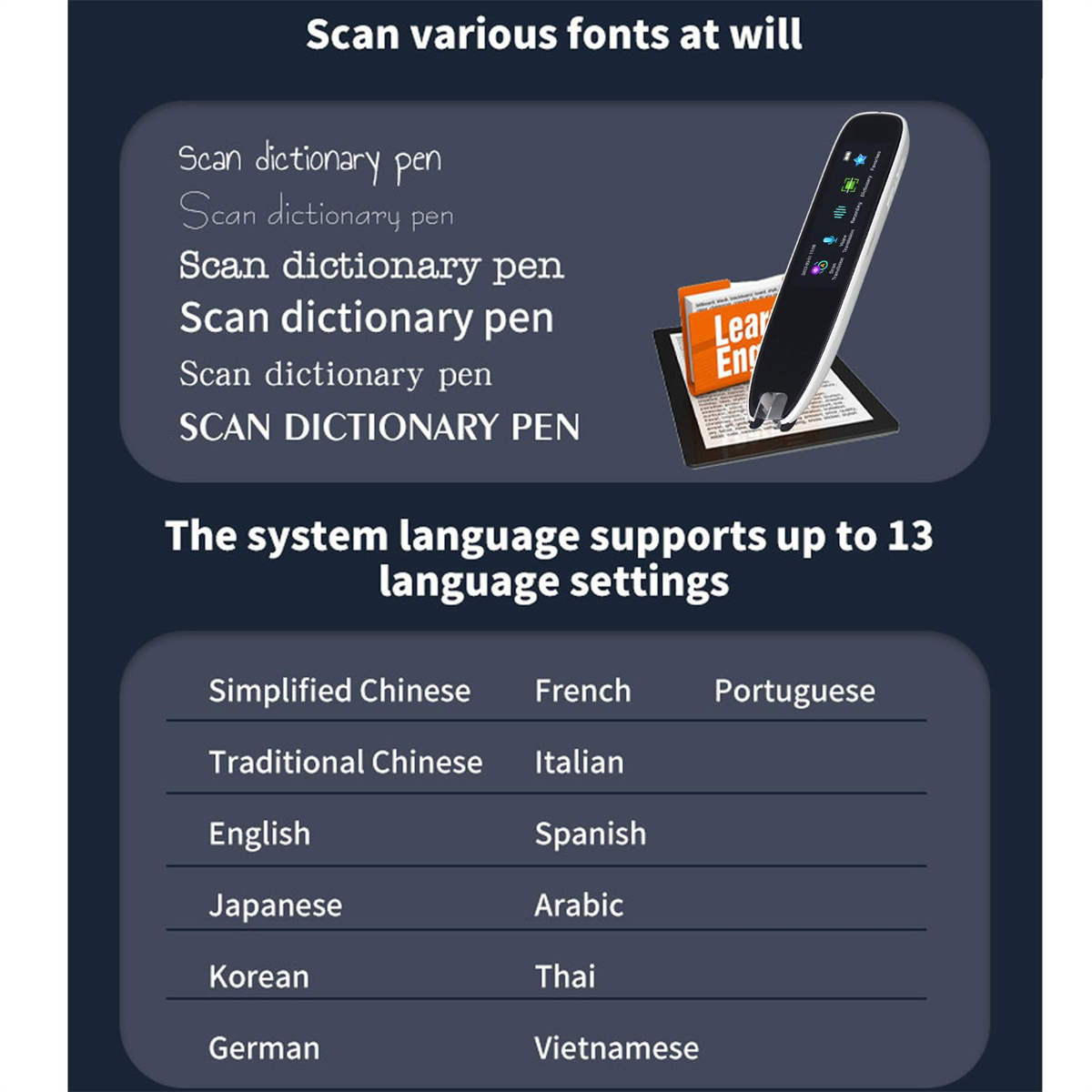 Diagramm, das einen Wörterbuchstift und verschiedene Sprachoptionen für das System zeigt, einschließlich Chinesisch, Englisch und andere.