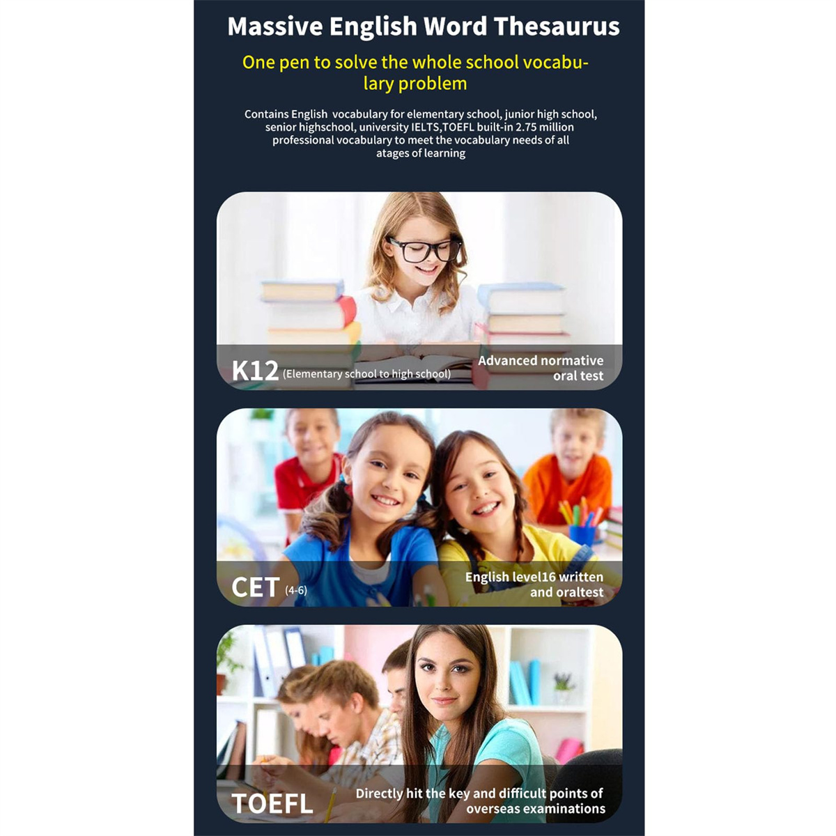 Lehrreiches Poster über den englischen Wortschatz mit Kindern und Lernbeispielen.