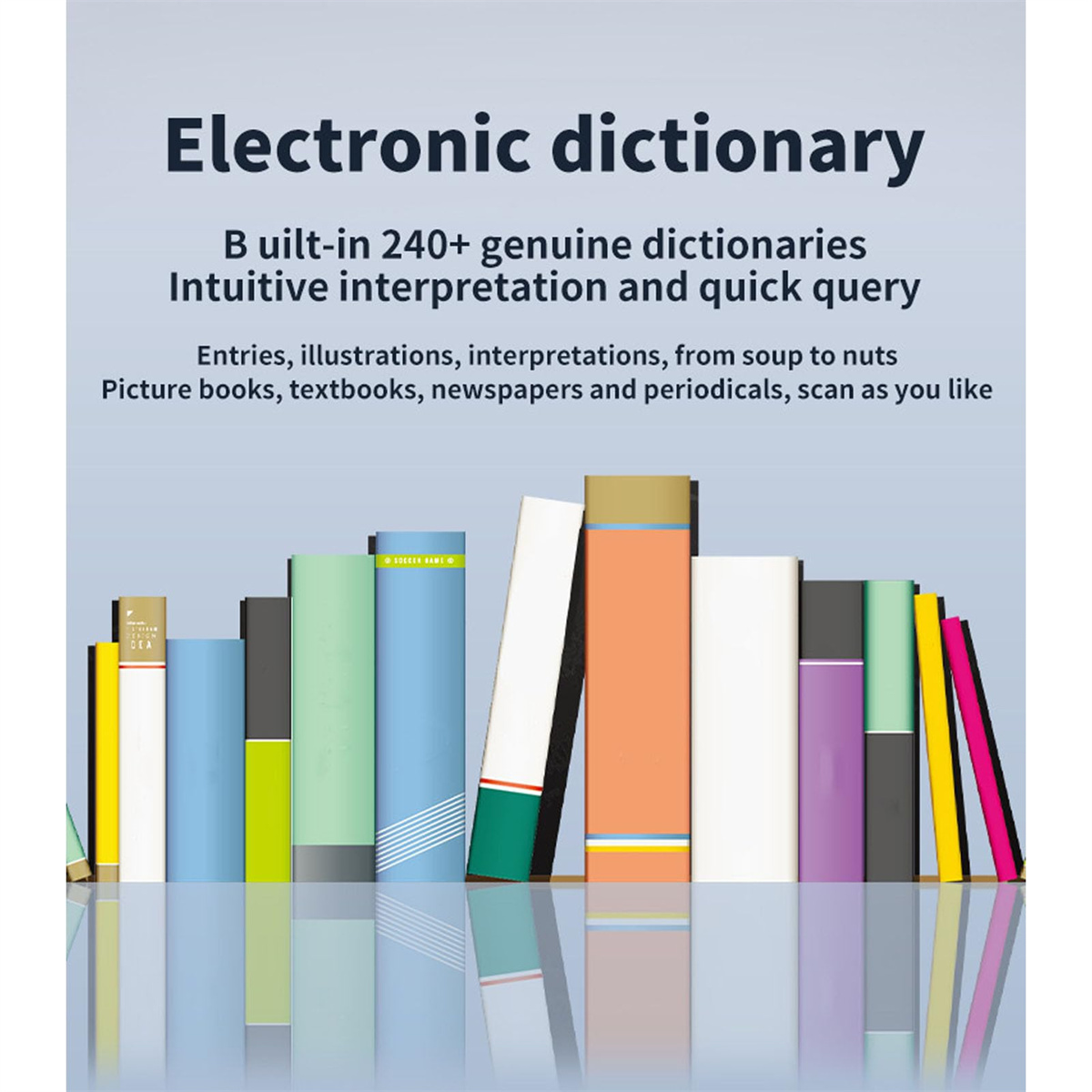 Bücher aufgereiht, bunte Buchrücken, mit einer reflektierenden Oberfläche. Der Titel 'Elektronisches Wörterbuch' steht oben.
