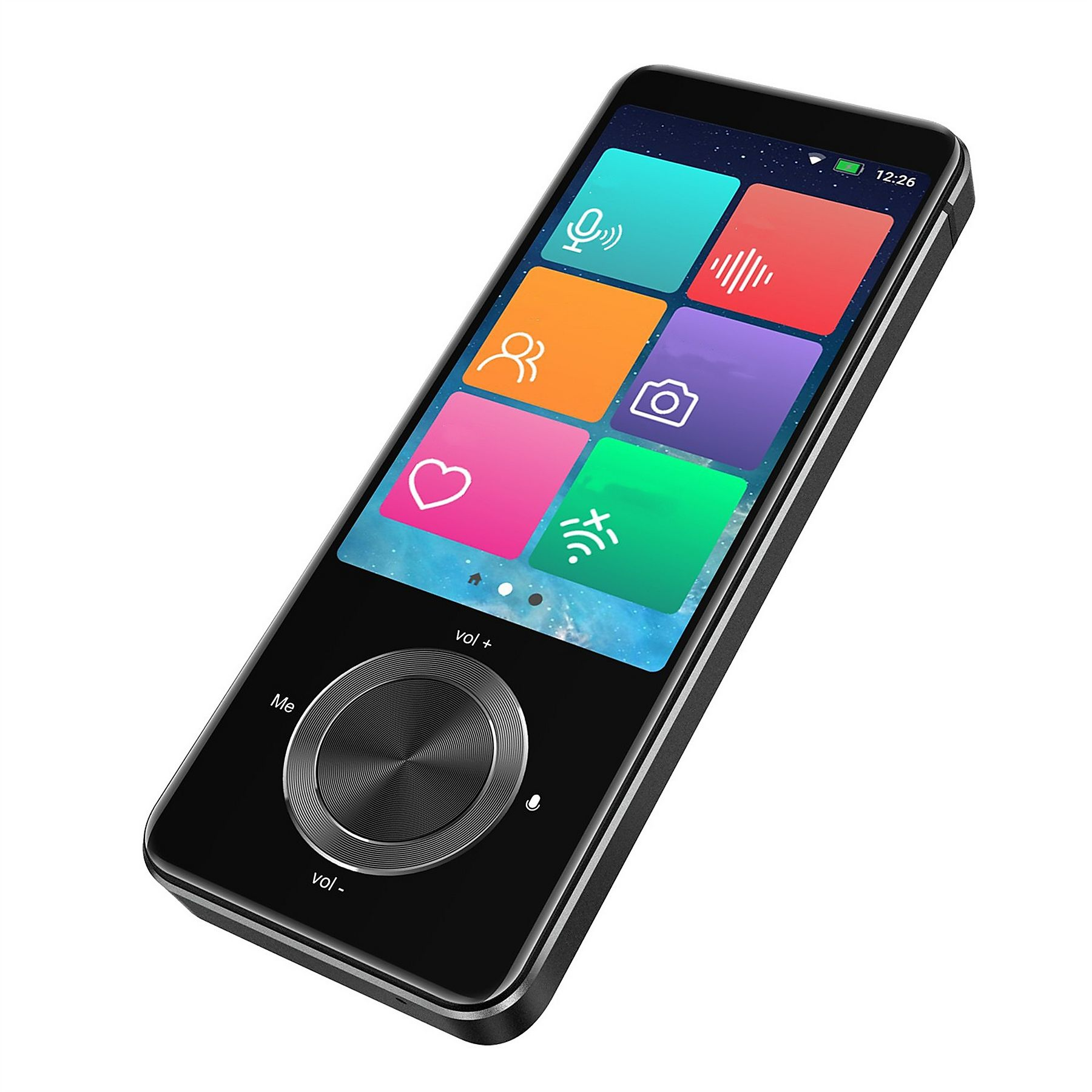 Schwarzes Smartphone mit Touchscreen-Oberfläche.