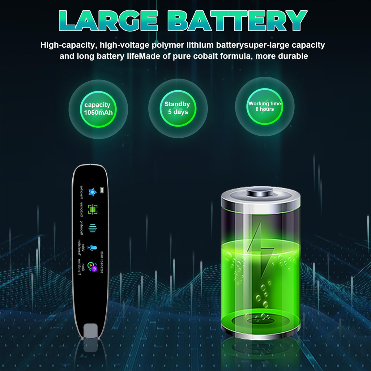 Ein schwarzes Gerät und eine grüne Batterie mit Text und einem Batteriesymbol.