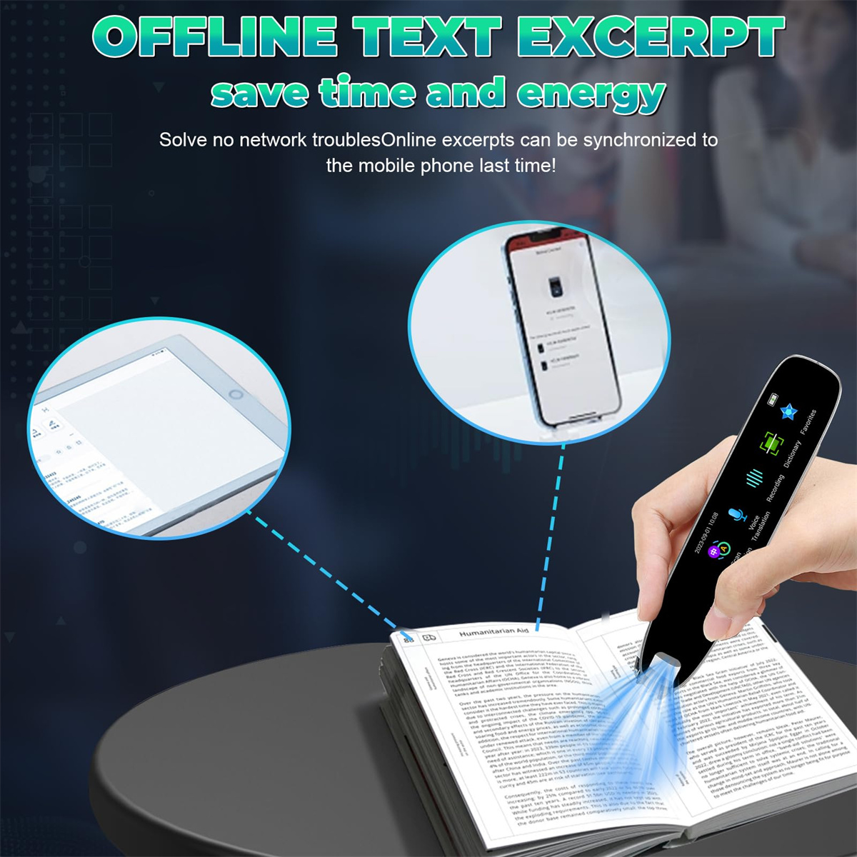 Eine Hand, die einen Scannerstift auf einem Buch verwendet. Tablet und Telefon zeigen den gescannten Text.