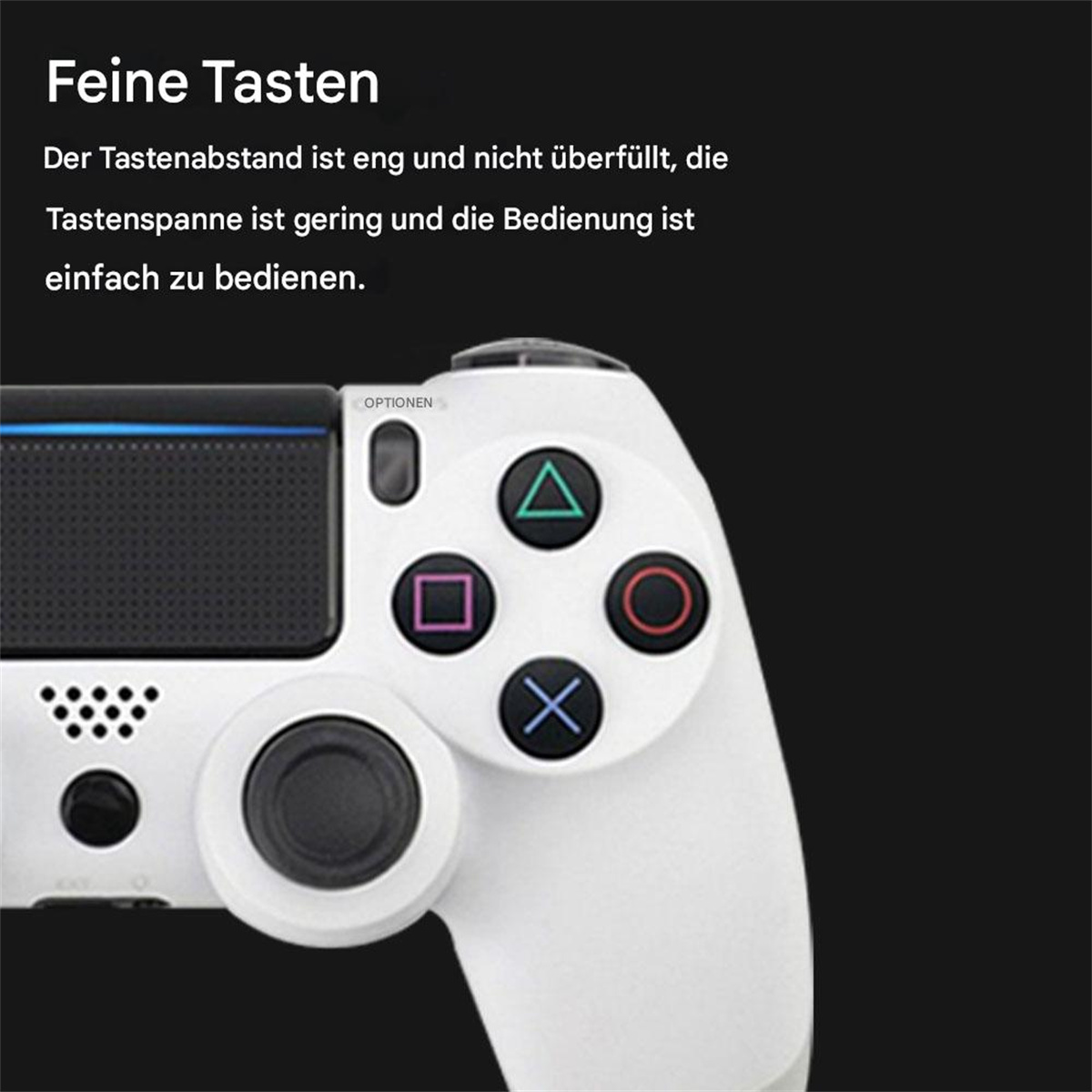 Ein weißer PlayStation 4-Controller mit Tasten. Das Bild ist vor einem schwarzen Hintergrund.