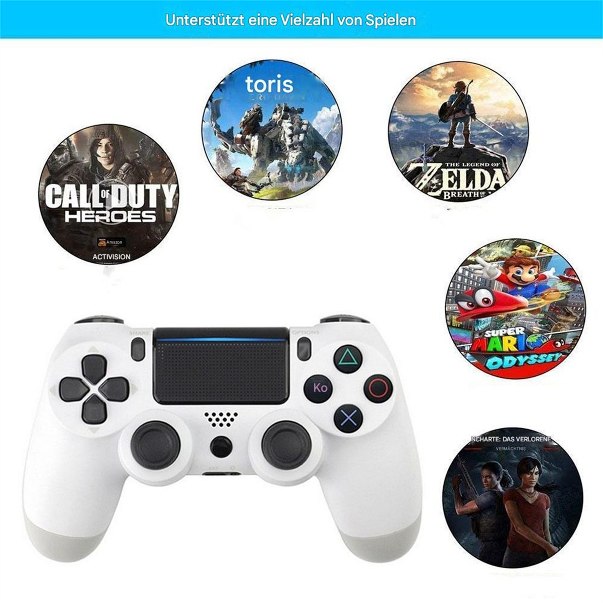 Weißer Gamecontroller mit sechs Spielelogos.