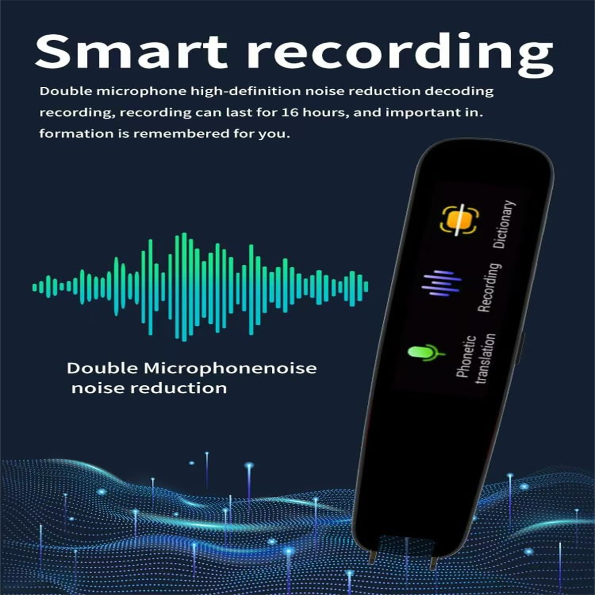 Smart Recording Gerät mit Doppel-Mikrofon. Funktionen zur Rauschunterdrückung und phonetischen Übersetzung.