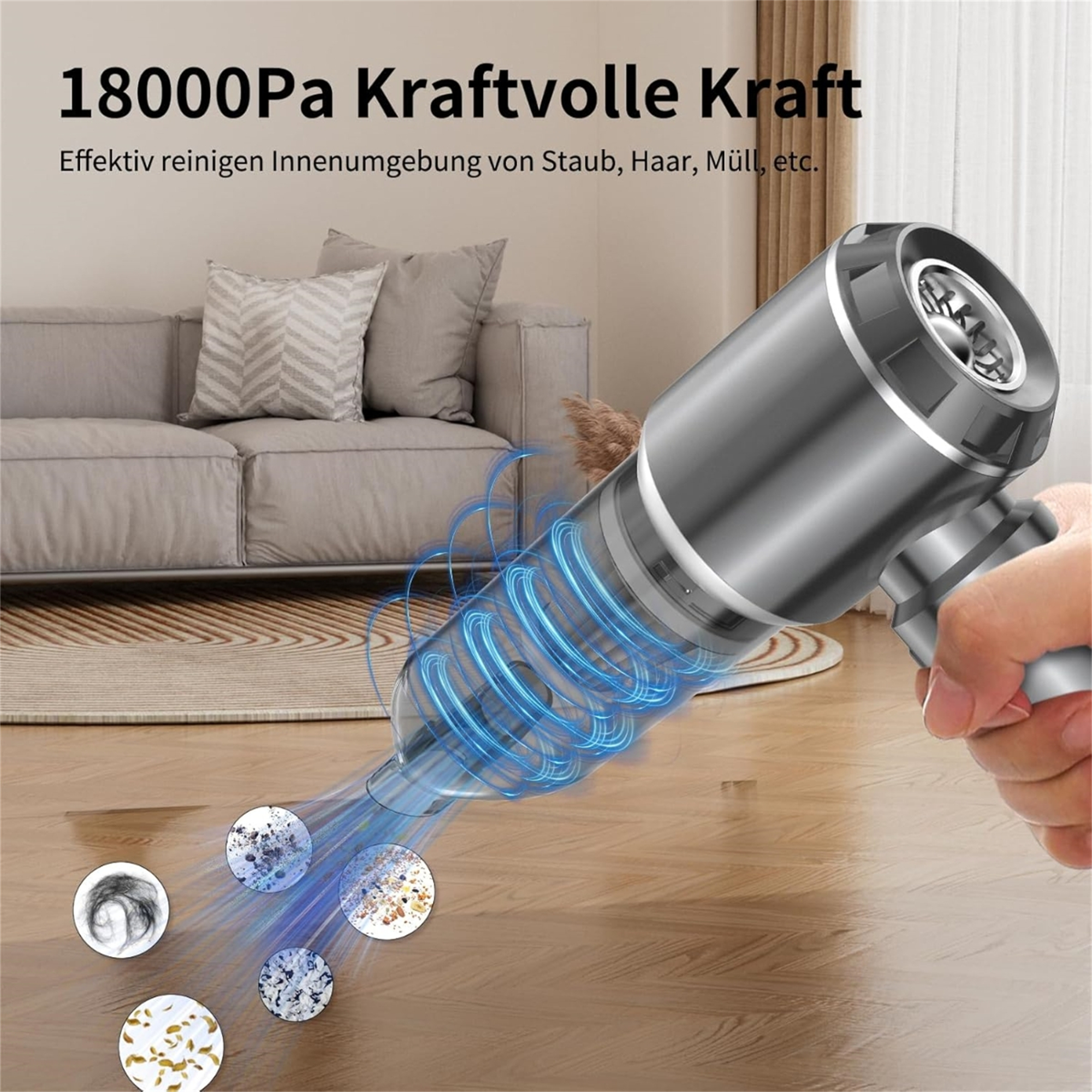 Hand, die einen Staubsauger benutzt, mit Text über die Saugkraft. Der Staubsauger hat einen blauen Lichteffekt.
