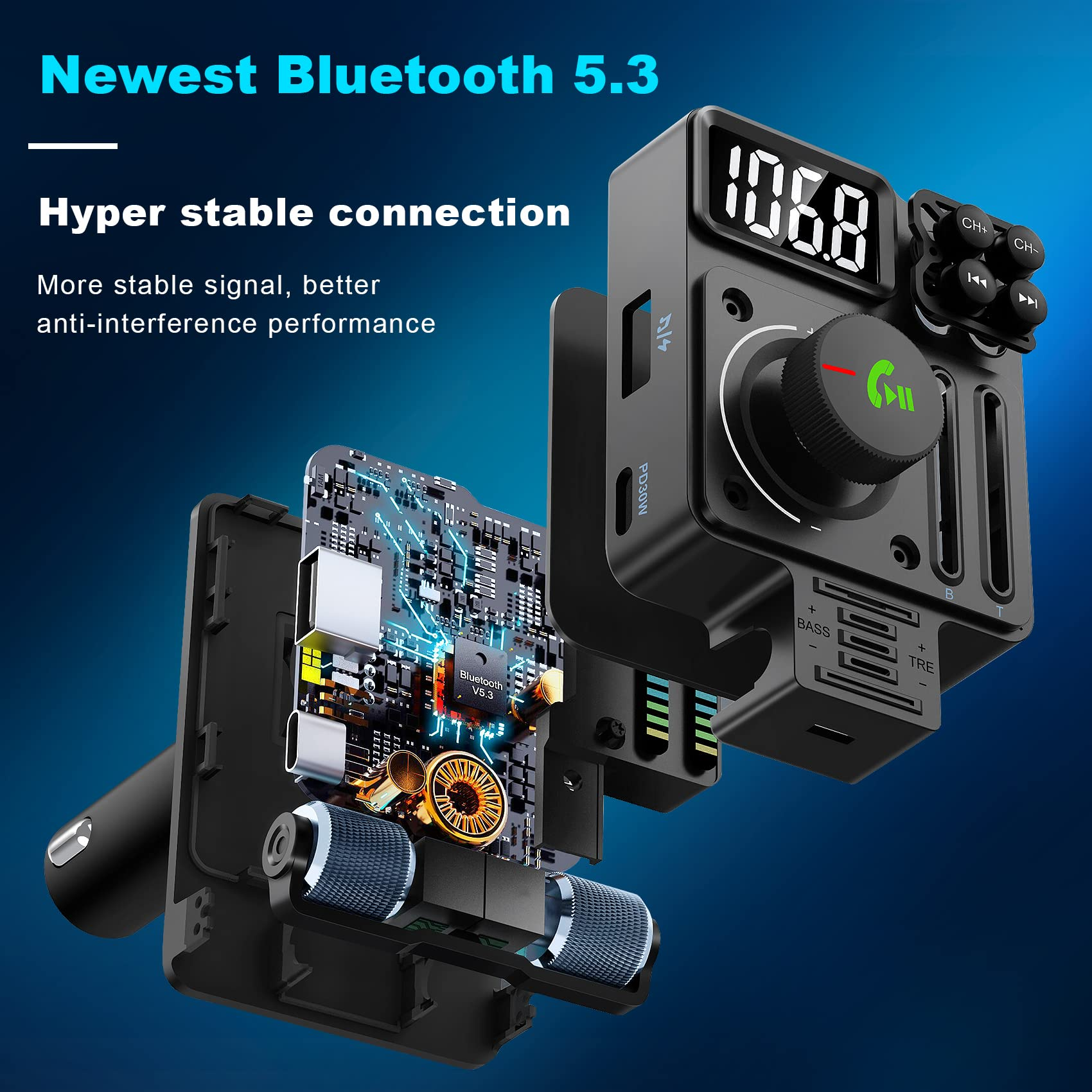 Ein schwarzer Bluetooth-Auto-Adapter mit Knöpfen, Display und Lautstärkeregler. Interne Komponenten werden gezeigt.