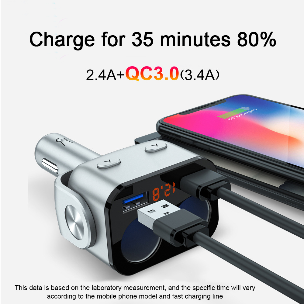Ein Ladegerät mit USB-Anschlüssen und einem angeschlossenen Telefon. Es lädt ein Telefon in 35 Minuten auf 80 % auf.