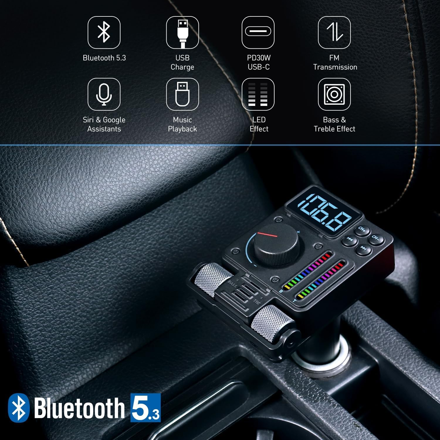 Auto-Armaturenbrett-Zubehör mit Bluetooth, USB und FM-Übertragungsfunktionen, mit einem Auto-Innenraum-Hintergrund.