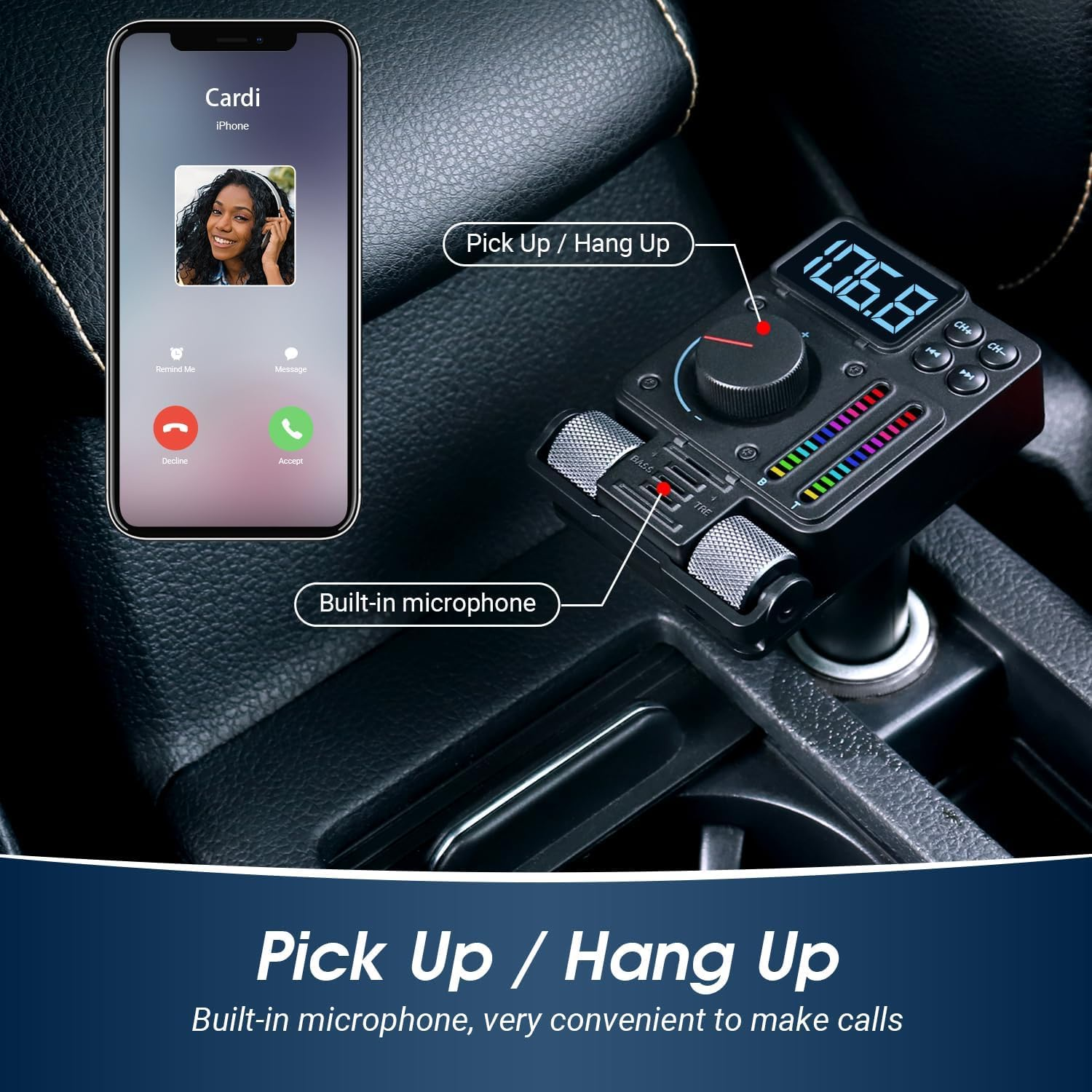 Bluetooth-Gerät für das Auto mit Telefonbildschirm, der einen Anruf anzeigt. Tasten und ein Bildschirm sind sichtbar.