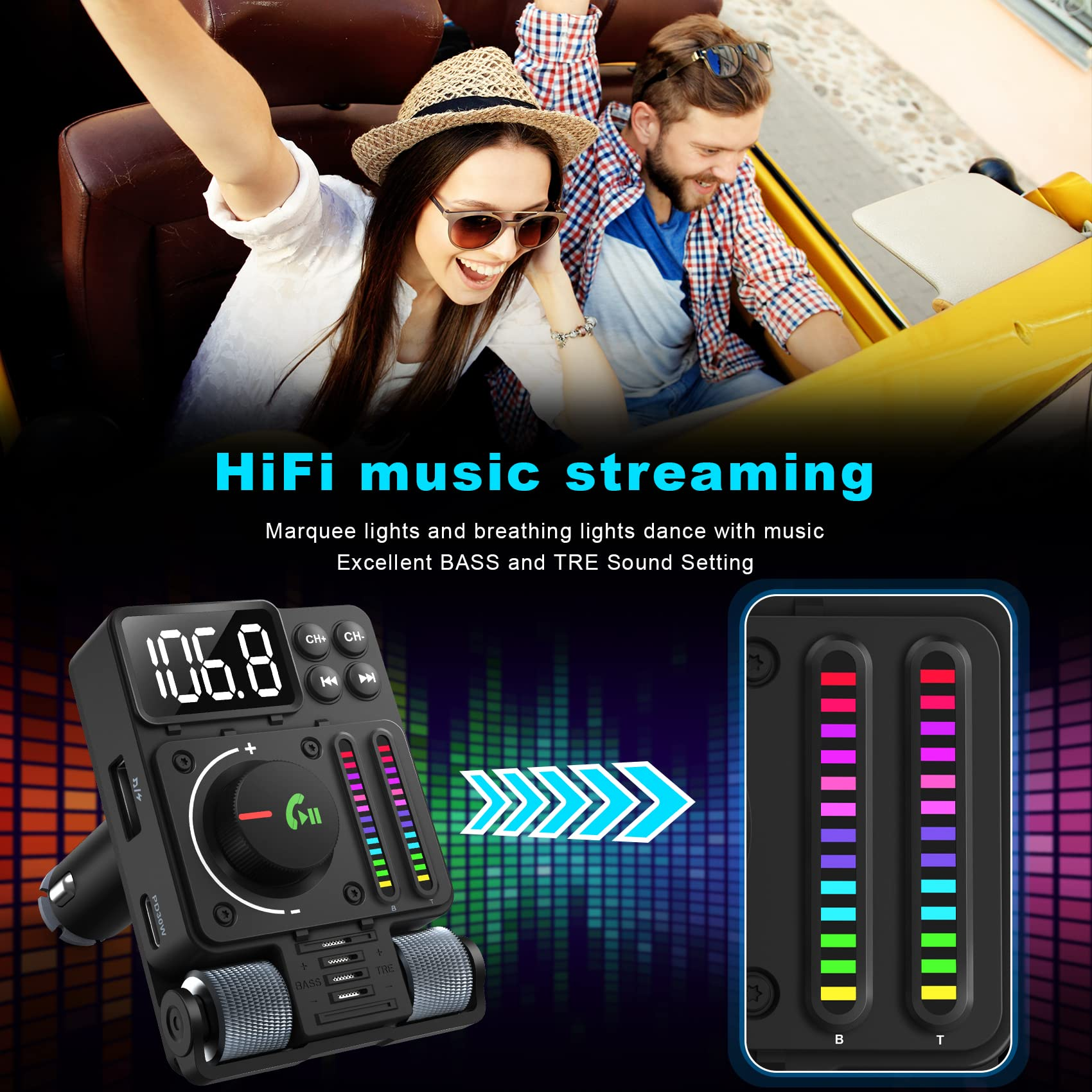 Auto-Audiogerät mit Display und bunten Lichtern, mit zwei Personen im Auto.