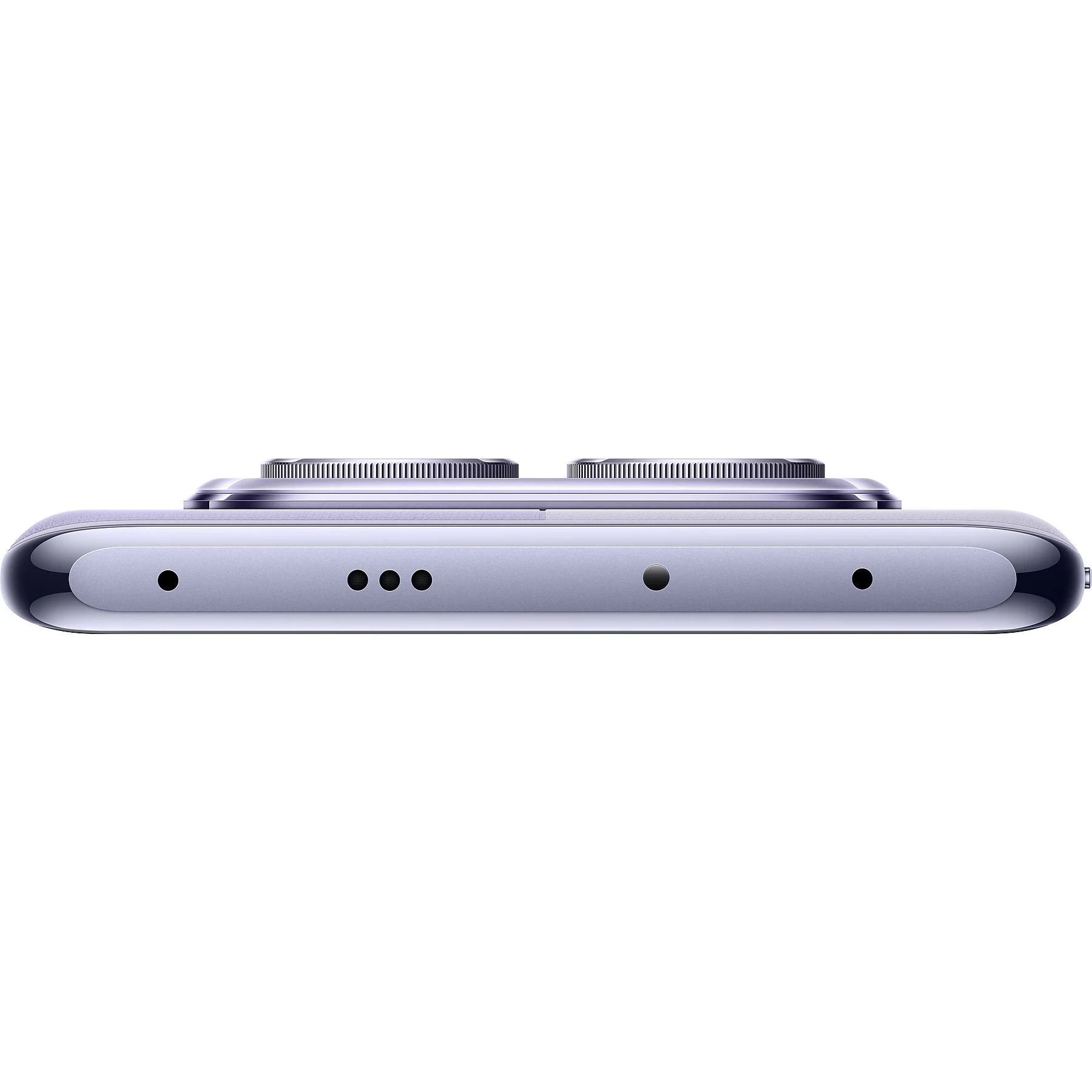 Smartfon, widok z boku. Srebrny kolor. Dwie okrągłe kamery i mikrofon.