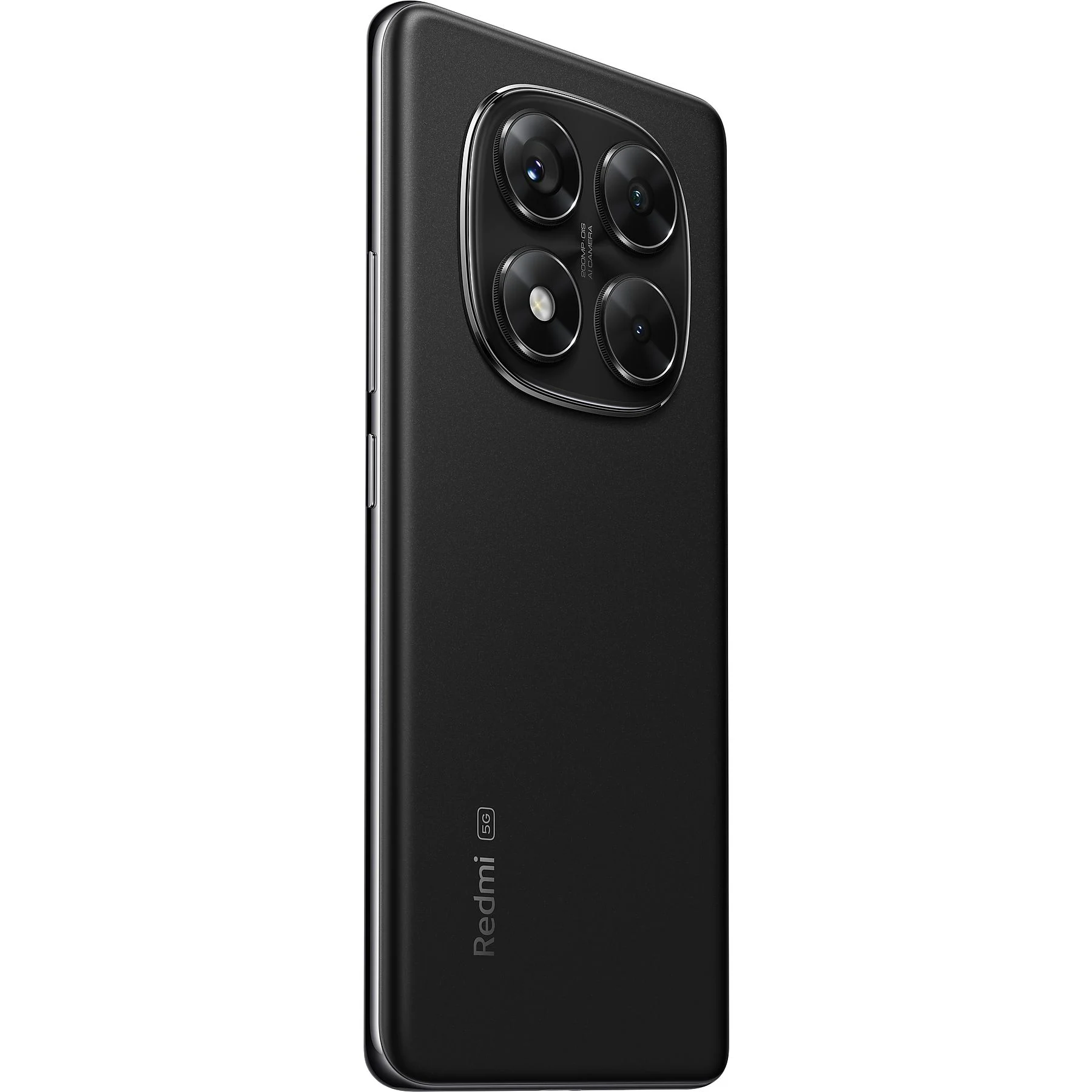 Ein schwarzes Redmi 5G-Telefon mit einem einzigartigen kreisförmigen Kameramodul auf der Rückseite.