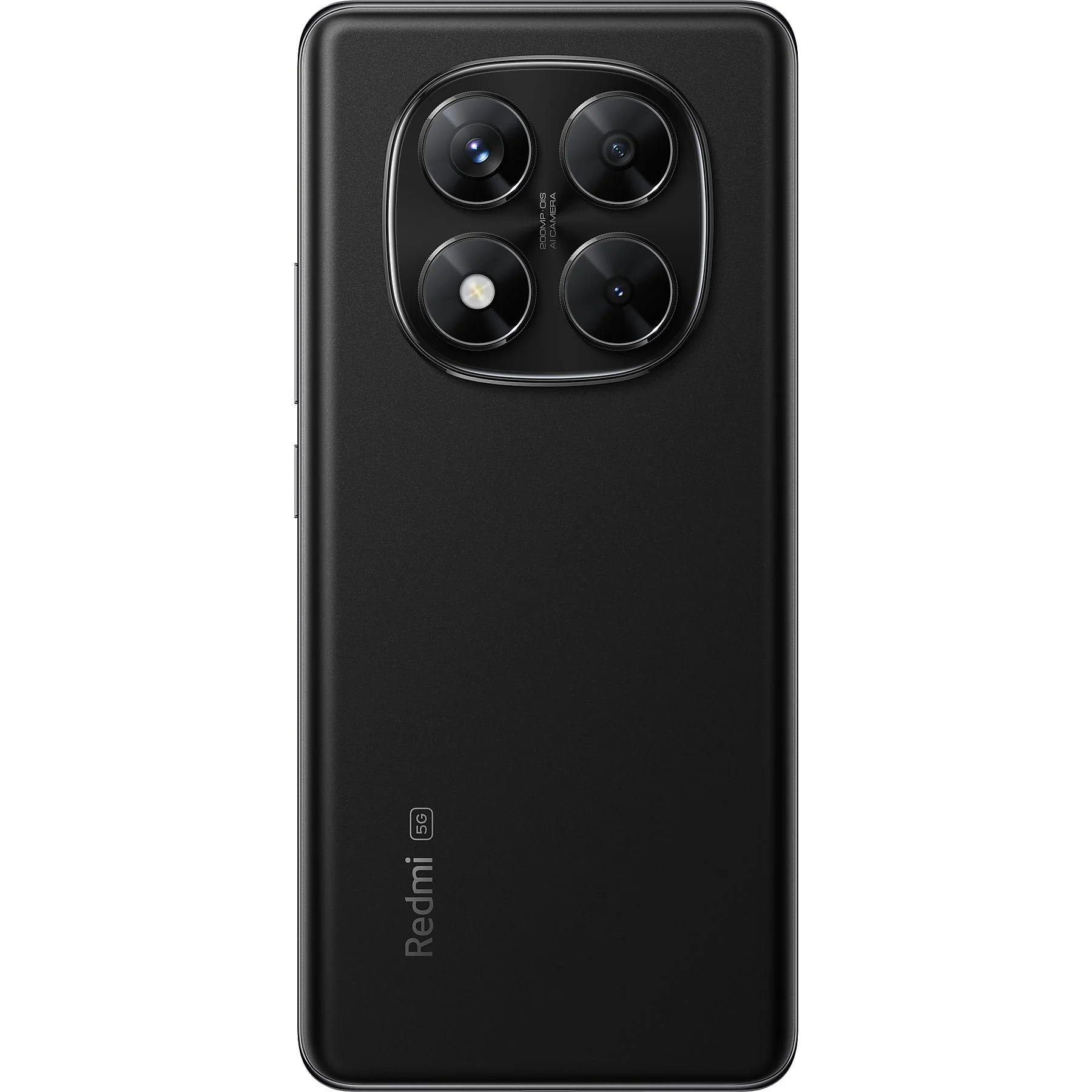 Ein schwarzes Redmi 5G-Telefon mit einem kreisförmigen Kameramodul auf der Rückseite.