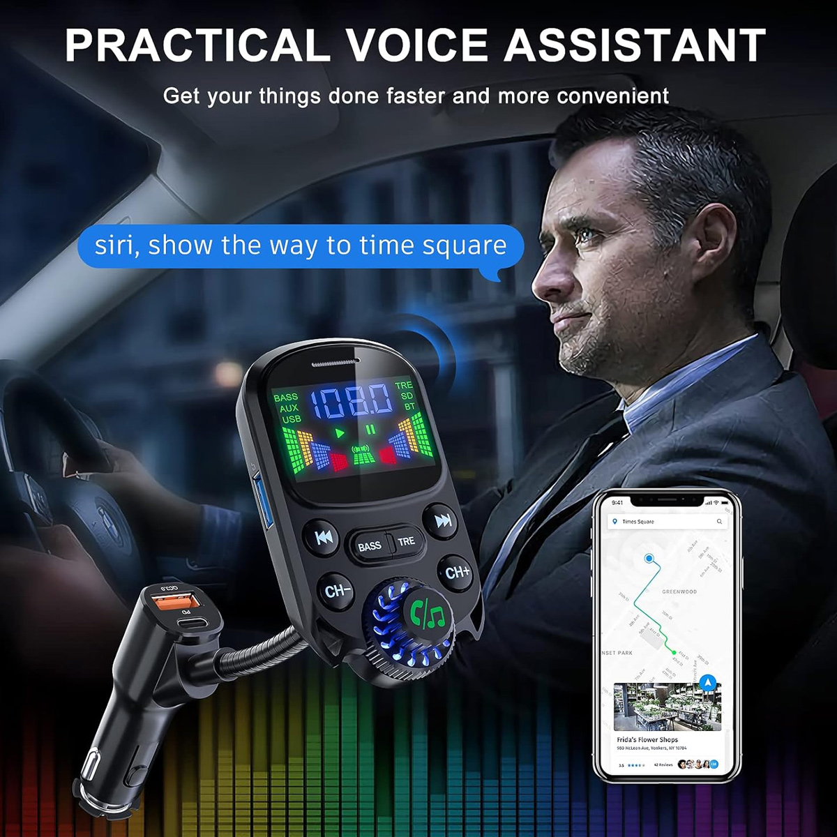 Ein Mann in einem Auto, der einen Sprachassistenten benutzt. Ein Telefon zeigt eine Karte des Times Square.