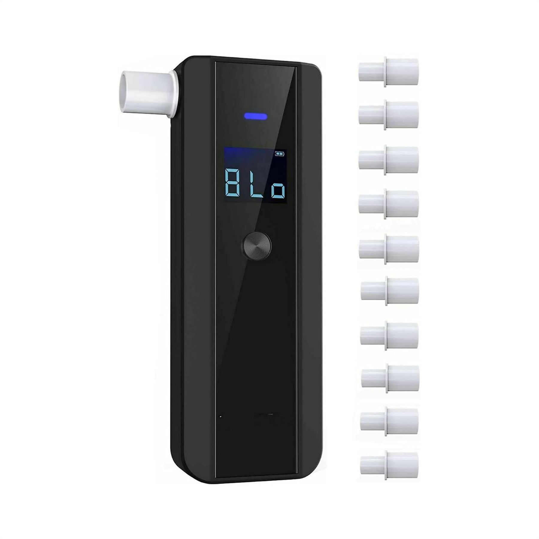 Schwarzer Alkoholtester mit Anzeige '8Lo' und mehreren weißen Mundstücken daneben.