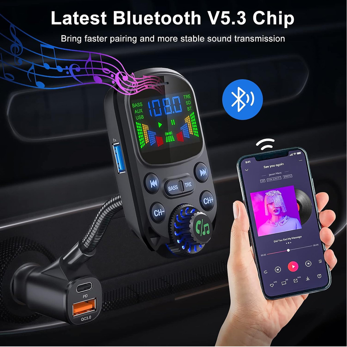 Bluetooth-Auto-Adapter mit einem Telefon, das Musik anzeigt. Zeigt Tasten und einen USB-Anschluss.