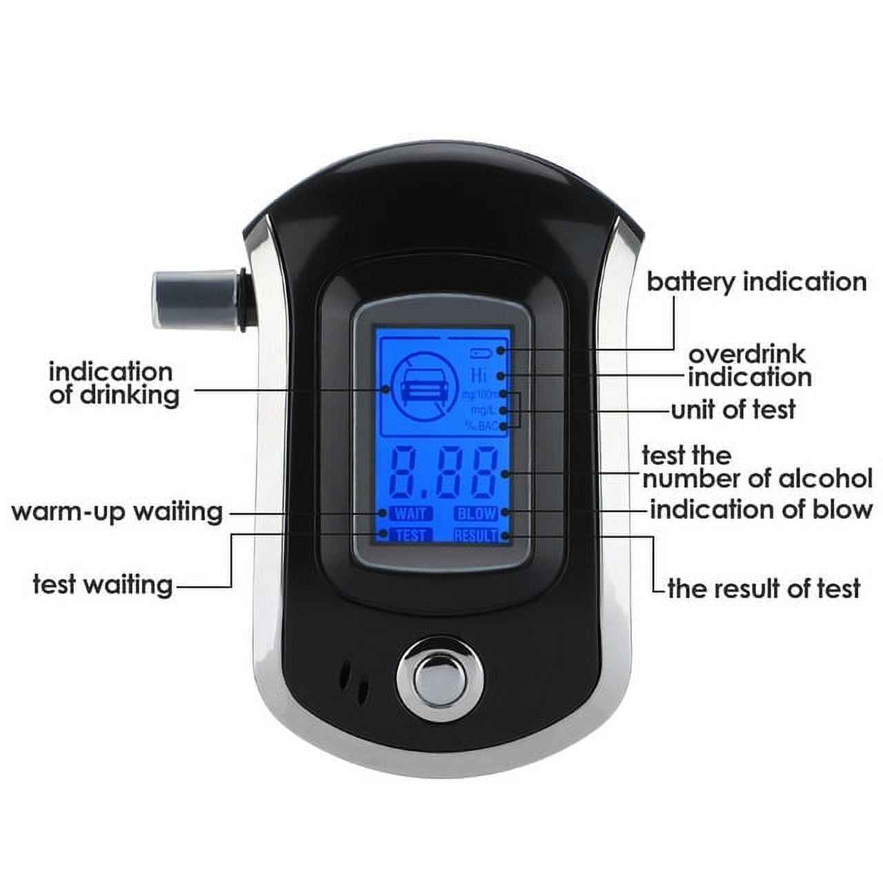 Digitaler Alkoholtester mit Anzeige des Alkoholpegels. Textmarkierungen auf verschiedene Teile.