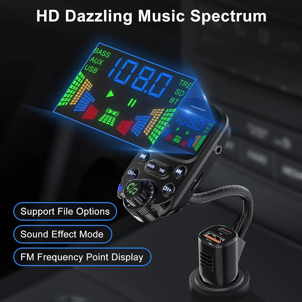 Auto-Musik-Player mit Digitalanzeige, zeigt Musikspektrum und Bedientasten.