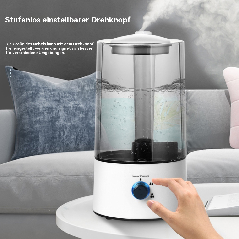 Luftbefeuchter mit einer Hand, die einen Drehknopf einstellt. Text sagt 'Stufenlos einstellbarer Drehknopf' auf Deutsch.