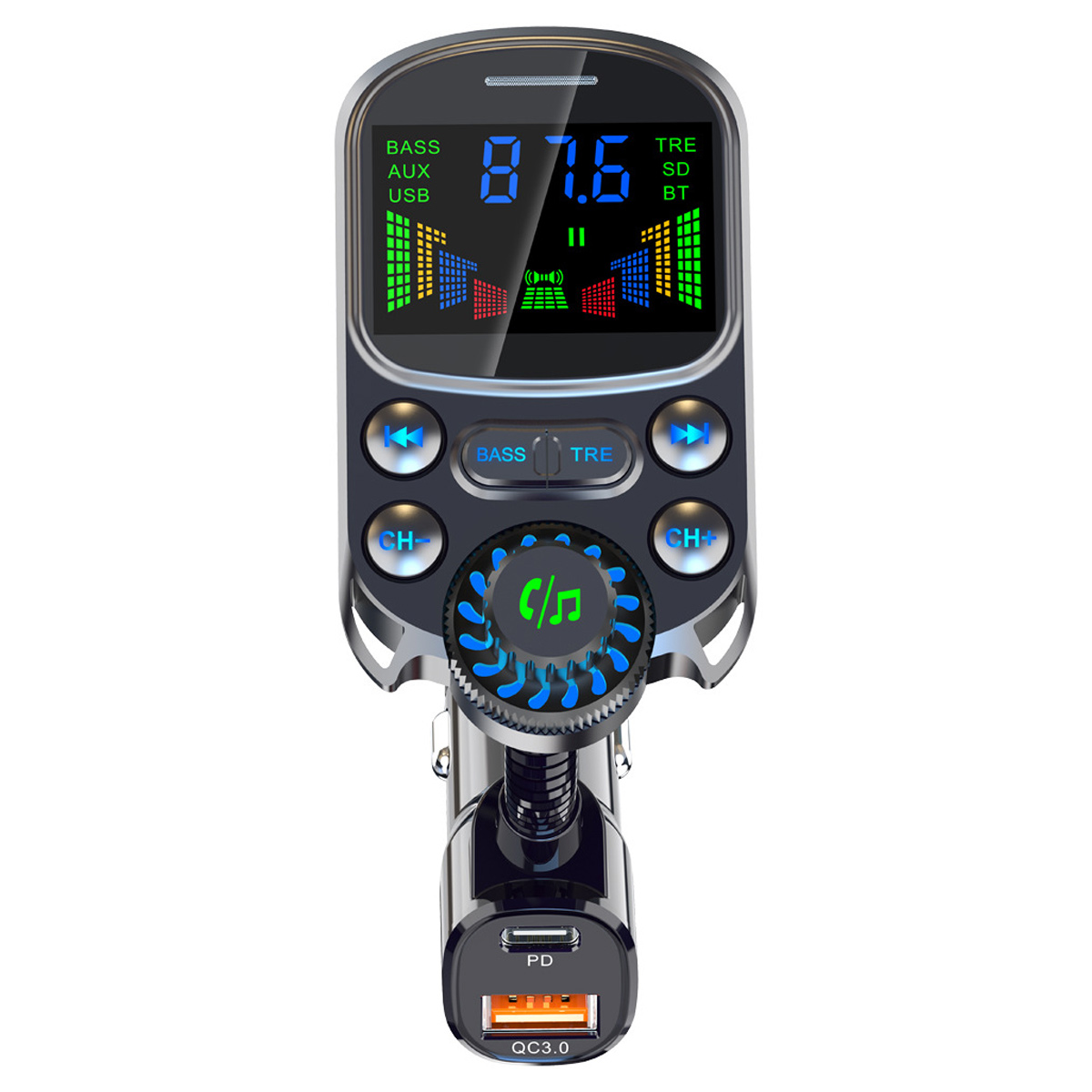 Ein schwarzes und silbernes Autogadget mit Display, Knöpfen und USB-Anschluss.